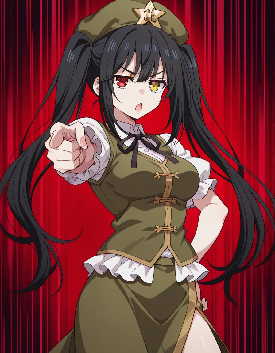 masterpiece, best quality, amazing quality,, <lora:kurumi-tokisaki-s2-illustriousxl-lora-nochekaiser:1>, kurumi tokisaki, black hair, red eyes, long hair, twintails, yellow eyes, heterochromia, mature female, medium breasts, anime screencap, <lora:hong-meiling-cosplay-illustriousxl-lora-nochekaiser:1>, hong meiling cosplay, hong meiling (cosplay), beret, black bow, black bowtie, black ribbon, bow, bowtie, collared shirt, frilled sleeves, frills, green hat, green skirt, green vest, hat, hat ornament, long skirt, neck ribbon, puffy short sleeves, puffy sleeves, short sleeves, side slit, skirt, star hat ornament, vest, white shirt,, <lora:jotaro-kujo-pose-illustriousxl-lora-nochekaiser:1>, jotaro kujo pose, kujo jotaro's pose (jojo), jojo pose, pointing, pointing at viewer, cowboy shot, jitome, open mouth, , ,