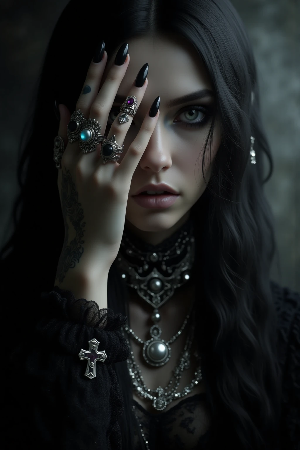 (amazing transcendental's dream:3.5) The photo depicts a powerful gothic sorceress,her face partially hidden by her elegantly adorned hand. She has pale,slender fingers,on which several silver magical rings,set with dark gemstones like onyx and amethyst,glimmer. Her hand is decorated with mysterious tattoos that seem to pulse with a dark energy.She wears a gothic ensemble,a black velvet dress richly embroidered with occult patterns. Her long black hair frames her pale face,and her eyes,accentuated with dark makeup,shine with an intense light. Large silver necklaces,with pendants shaped like crosses and ancient symbols,rest on her chest. The background is misty,with shadows dancing around her,enhancing the mystical and sinister atmosphere of the scene,(maximum ultra high definition image quality and rendering:3),maximum image detail,maximum realistic render,(((ultra realist style))),realist side lighting,8K high definition,realist soft lighting,(amazing special effect:3.5),