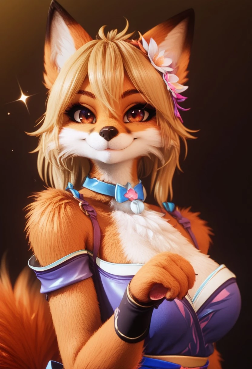 score_9, score_8_up, score_7_up, score_6_up, score_5_up, score_4_up, solo, rating_safe,
1girl (akai hime, different eyes color, red left eye, blue right eye, female, fox, wild assault, pink paw pads, yellow hair, flower on hair, anthro, anthro fox, open eyes, closed mouth, smug grin, looking at viewer), masterpiece, insane quality, dark background with sparkles, MegaFluffyPony, furry, fluffy