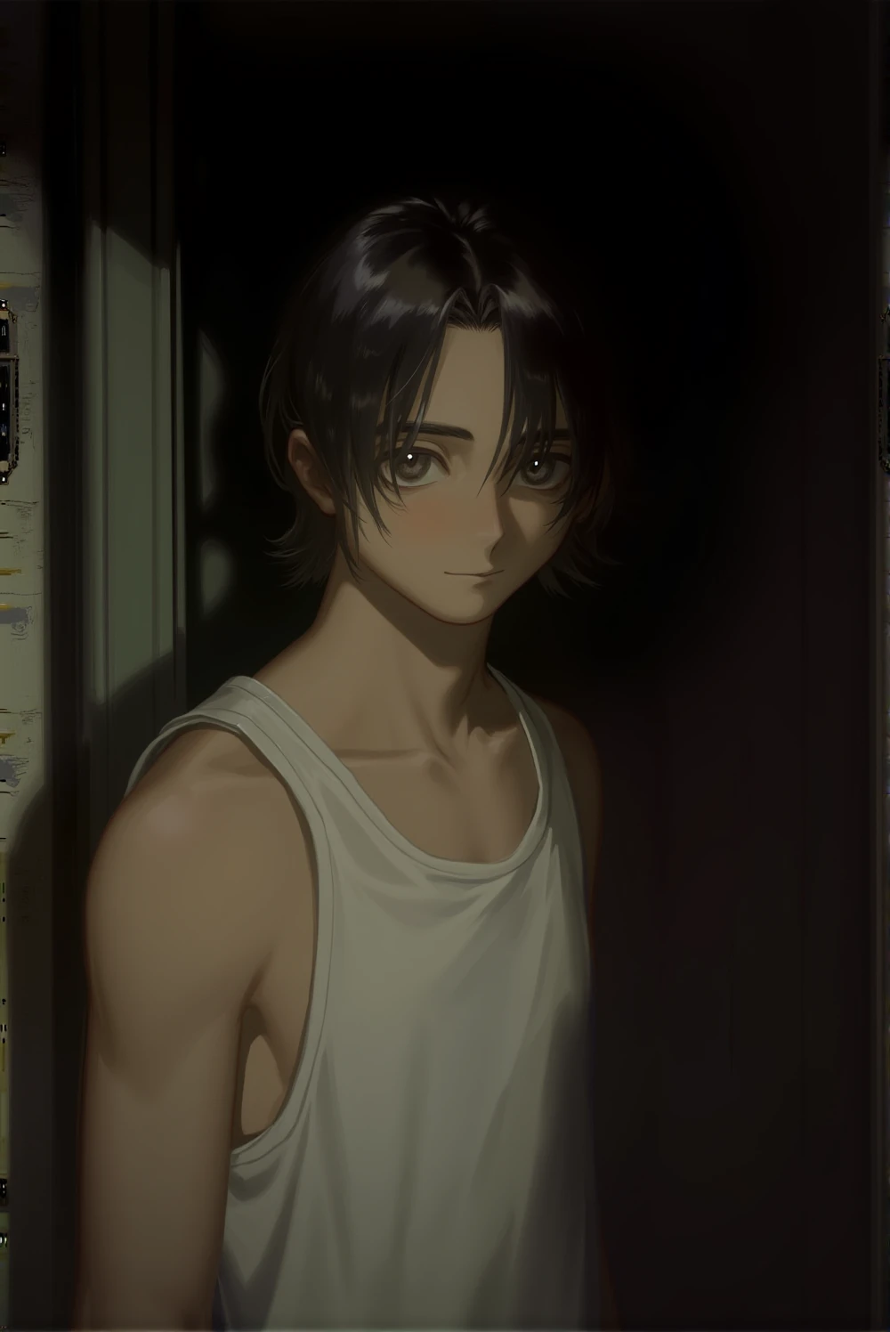 <lora:lora-flux-style_28-step00010640:1>, a young woman with short wavy hair wearing a white top. she appears to be in a dimly lit room with a rustic wall. on the wall there's an old-fashioned light switch. the overall ambiance of the image is moody and atmospheric.,1boy,solo,male focus,realistic,fine art parody,dark,door,looking at viewer,short hair,white tank top,black hair,black eyes,horror (theme),portrait,closed mouth,parody,upper body,tank top,photorealistic