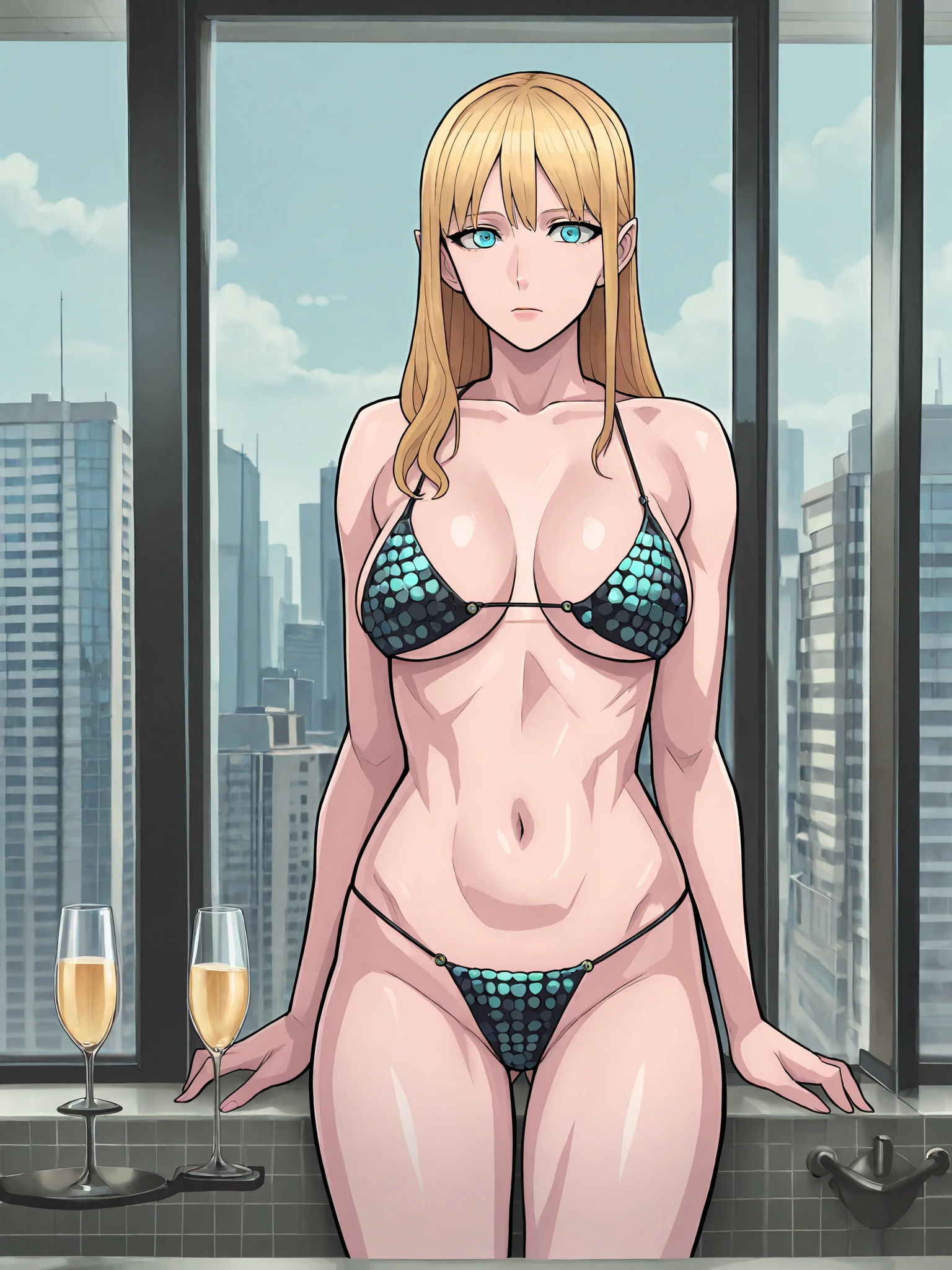 ItoRyoko, masterpiece, best quality, a mature sexy woman in gold string bikini posing on high rise balcony at night, 1girl, solo, jewelry, sexual swimsuit, earrings, high heels, under , cleavage, breasts, thong bikini bottom, sexy smile, lips,