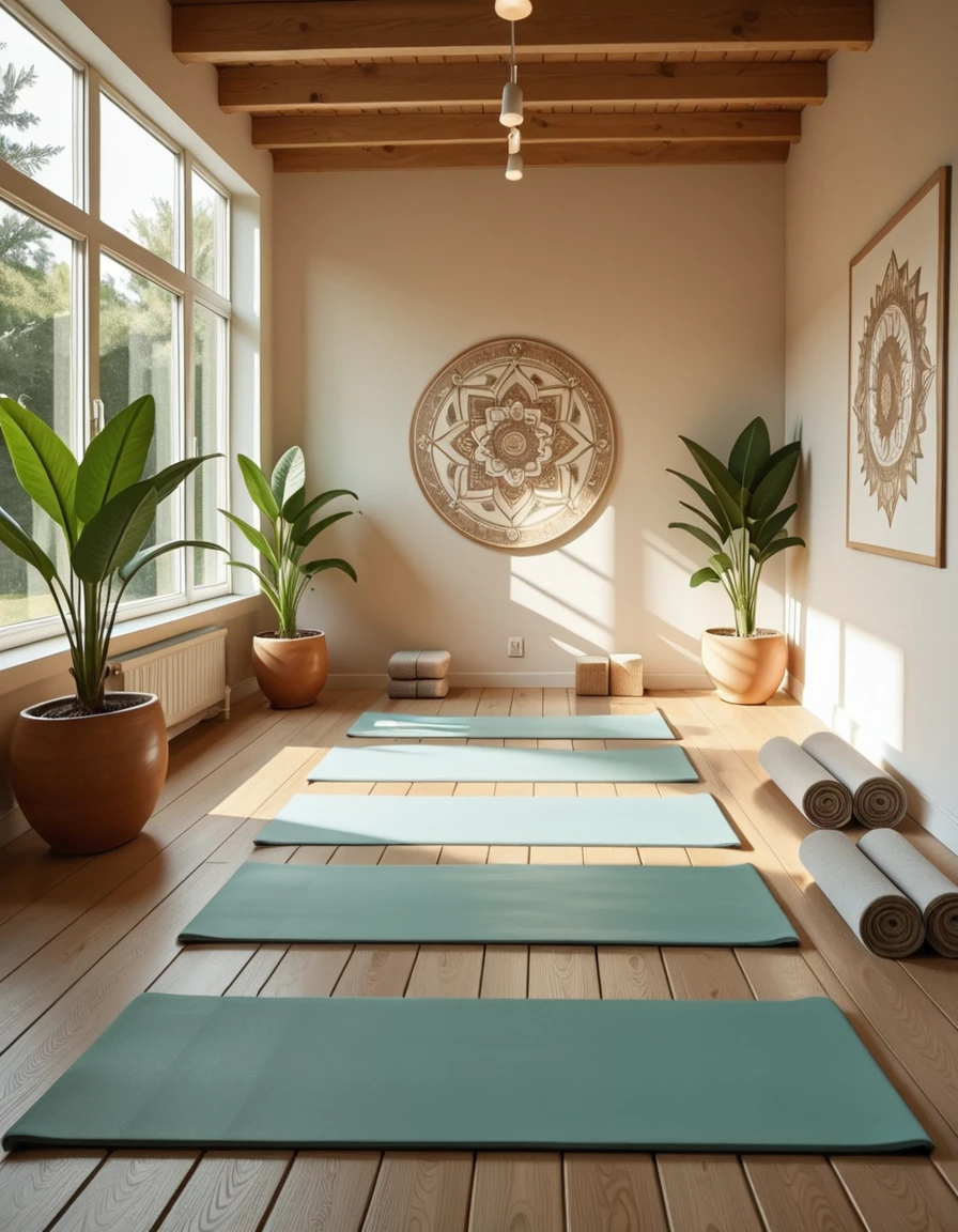 A serene and minimalist yoga studio, filled with natural light streaming through large floor-to-ceiling windows. The space features wooden floors, potted green plants in the corners, and soft neutral tones on the walls. Rolled yoga mats, meditation cushions, and neatly stacked blocks are arranged in an orderly fashion. A few Himalayan salt lamps emit a warm glow, adding to the calming atmosphere. The studio is empty and quiet, radiating peaceful energy, with a large mandala mural painted on one wall and gentle sunlight casting soft shadows across the room.yoga stud10, <lora:yoga_stud10-i:1>, Masterpiece,best quality,hi res,8k,hi res,8k,award winning,(sharp focus, intricate, highly detailed),