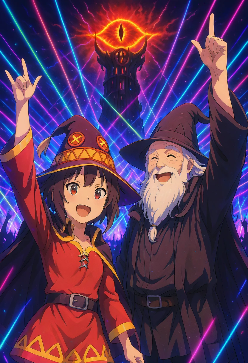 masterpiece, best quality, L0rd0fTh3R4v3s, g4nd4lf, 1girl, looking at viewer, smile, short hair, open mouth, brown hair, black hair, red eyes, 1boy, hat, dress, :d, belt, cape, arm up, witch hat, facial hair, red dress, beard, short hair with long locks, old, old man, megumin ,<lora:SauronsRaveTower_IXL_v1:1.0>,