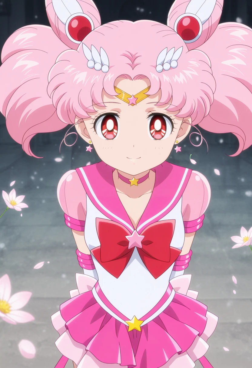 obra maestra, Mejor calidad, absurdos, perfect anatomy, 1 girl, Solo, SMMoon, adolescente, 1990s \(Estilo\), Sailor Chibi Luna Cabello Rosa, pupilas rosadas ojos, subir las escaleras, de cerca, Sonrisa, tiro de vaquero, Uniforme Sailor Senshi Rosa, Collar marinero rosa, falda plisada rosa, guantes de codo, en postura de espalda, Show off your loot, backward, No hay tanga en un gran trasero, cuerpo completo, aausagi, de cerca booty (falda levantada por el viento, Exponiendo su) (cara de alto detalle)