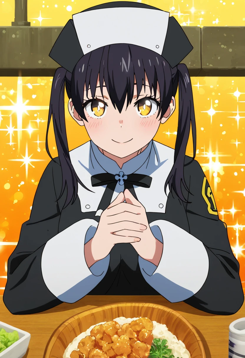 masterpiece, best quality, good quality, very awa, newest, highres, absurdres,outdoors,TamakiKotatsu-FireForce,
Tamaki Kotatsu \(Fire Force\), 1girl, solo, long hair, looking at viewer, blush, smile, bangs, black hair, long sleeves, hat, ribbon, hair between eyes, twintails, closed mouth, yellow eyes, upper body, black dress, black ribbon, own hands together, yellow background, bright pupils, orange background, own hands clasped, straight-on, sparkle background, nun outfit
,<lora:Tamaki Kotatsu (Fire Force) Illustrious v3:0.8>