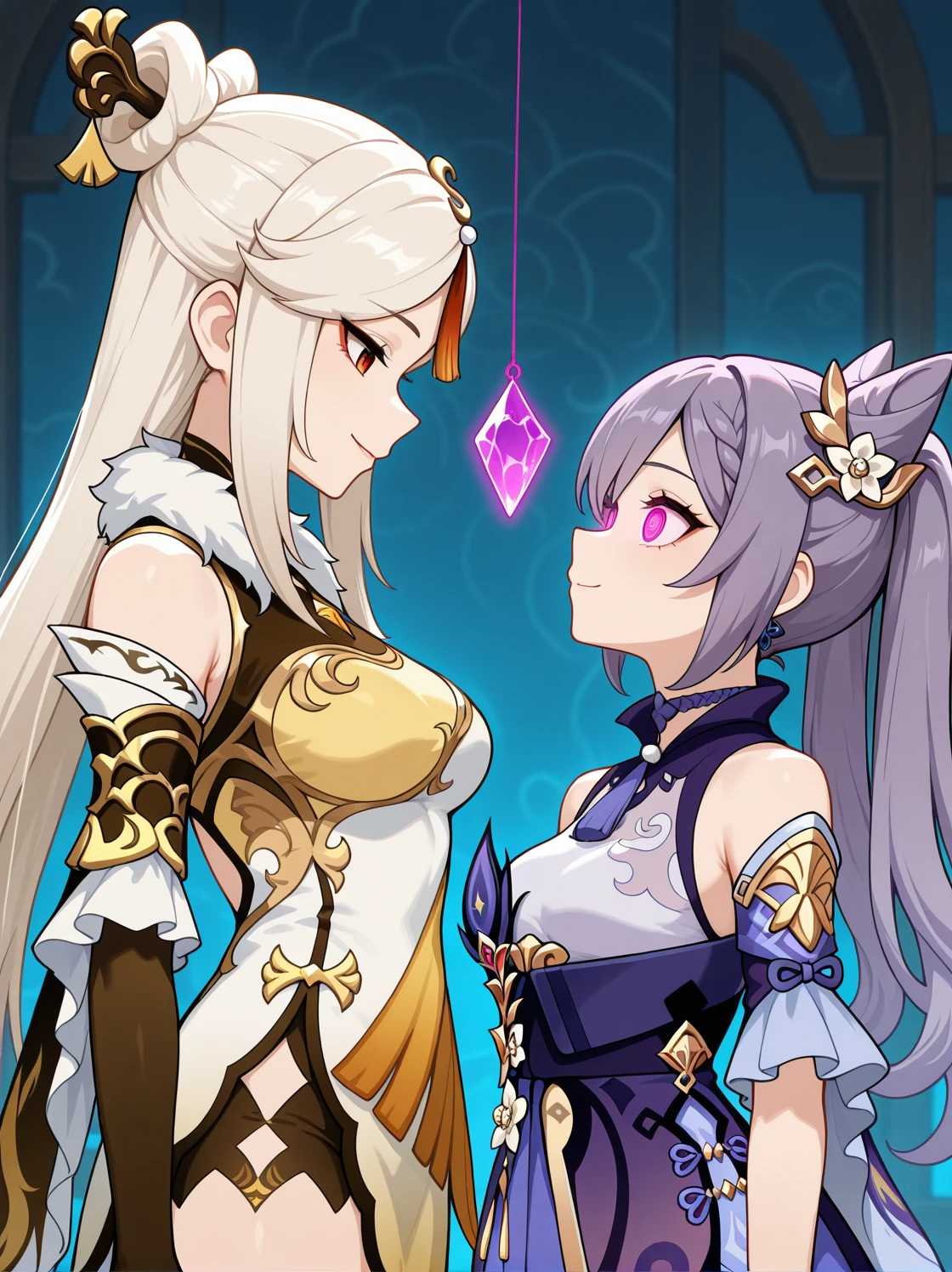 masterpiece, best quality, amazing quality, very aesthetic, absurdres, newest, , 2girls, standing, ningguang \(genshin impact\), keqing \(genshin impact\), upper body, smile, small breasts, holding, mind control, gem, eye contact,
<lora:Crystal_on_string_v2_il:0.6> crystal on string