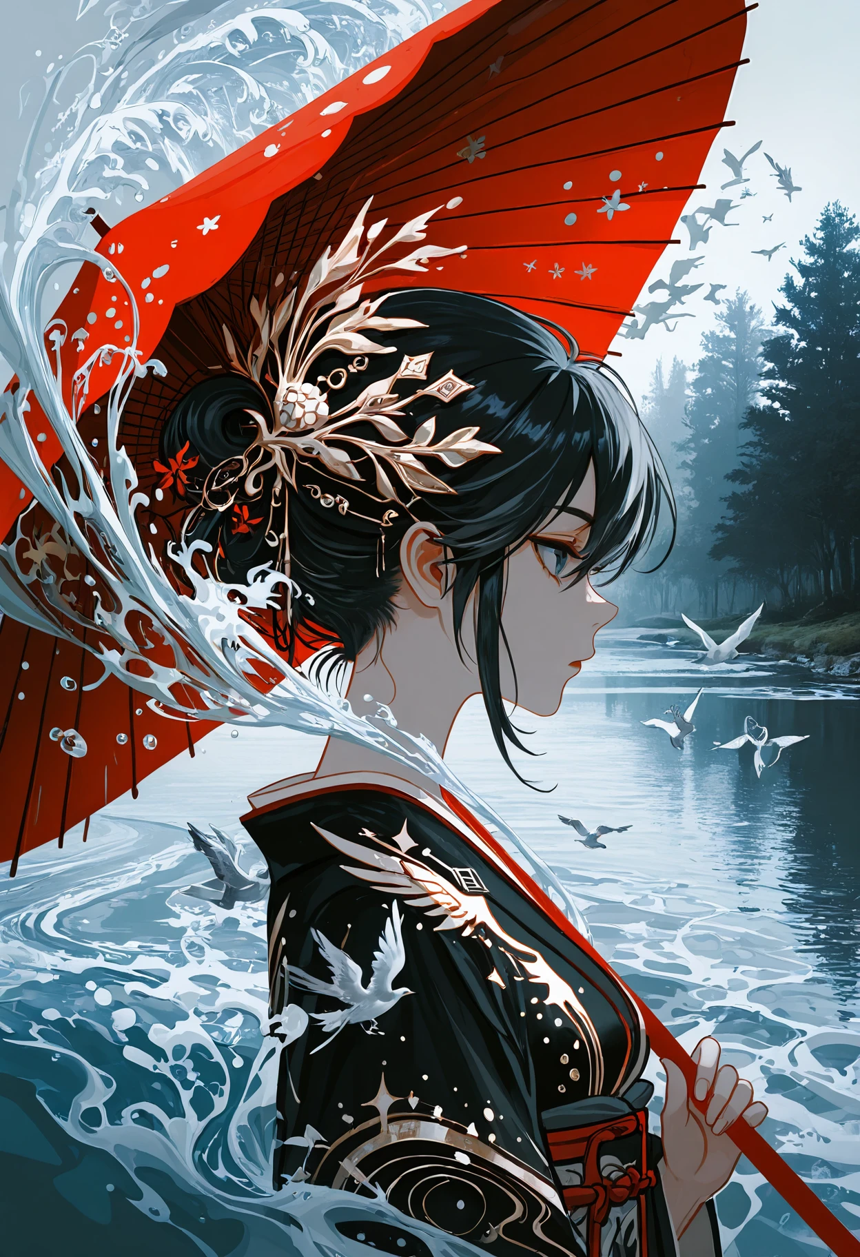 masterpiece, best quality, amazing quality, very aesthetic, absurdres, newest, 1girl,
<lora:lU5RsH5L3Ugbvz3_style_illustr:1> lu5rsh5l3ugbvz3, abstract background, surreal background, abstract, surreal,
volumetric lighting, detailed shadows, detailed background,
river, trees, nature, outdoors, japanese clothes, black kimono, black hair, matoi ryuuko, black hair, hair pin, red umbrella, 
upper body focus, portrait, from side, profile, expressionless, looking away, 
white metallic birds swirling around girl, grey birds flying around girl, circle | circle of birds | circle of flying metal birds, (rainbow accents:0.5), mirror reflection,
stylized water, otherworldly water, water around girl, water waves, water foam, foaming water, luminescent water, luminescent foam, water wave 
ornate, ornate setting, ornate athmosphere,