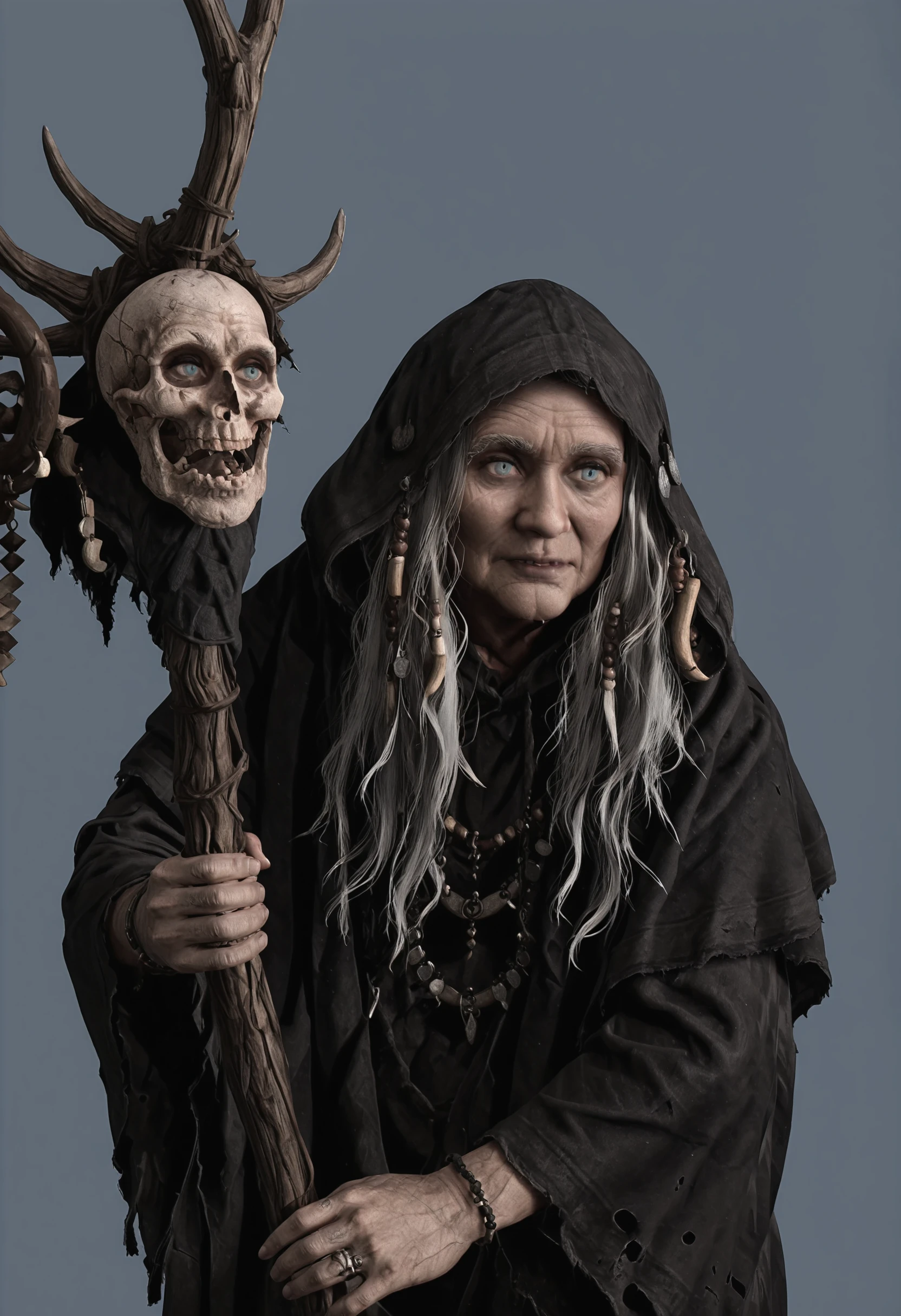 <lora:HagMirandaRE8ILf:1> h4ilf, 1girl, blue eyes, long hair, grey hair, hood, jewelry, black robe, upper body, holding staff, shortstack,
simple background, light blue background