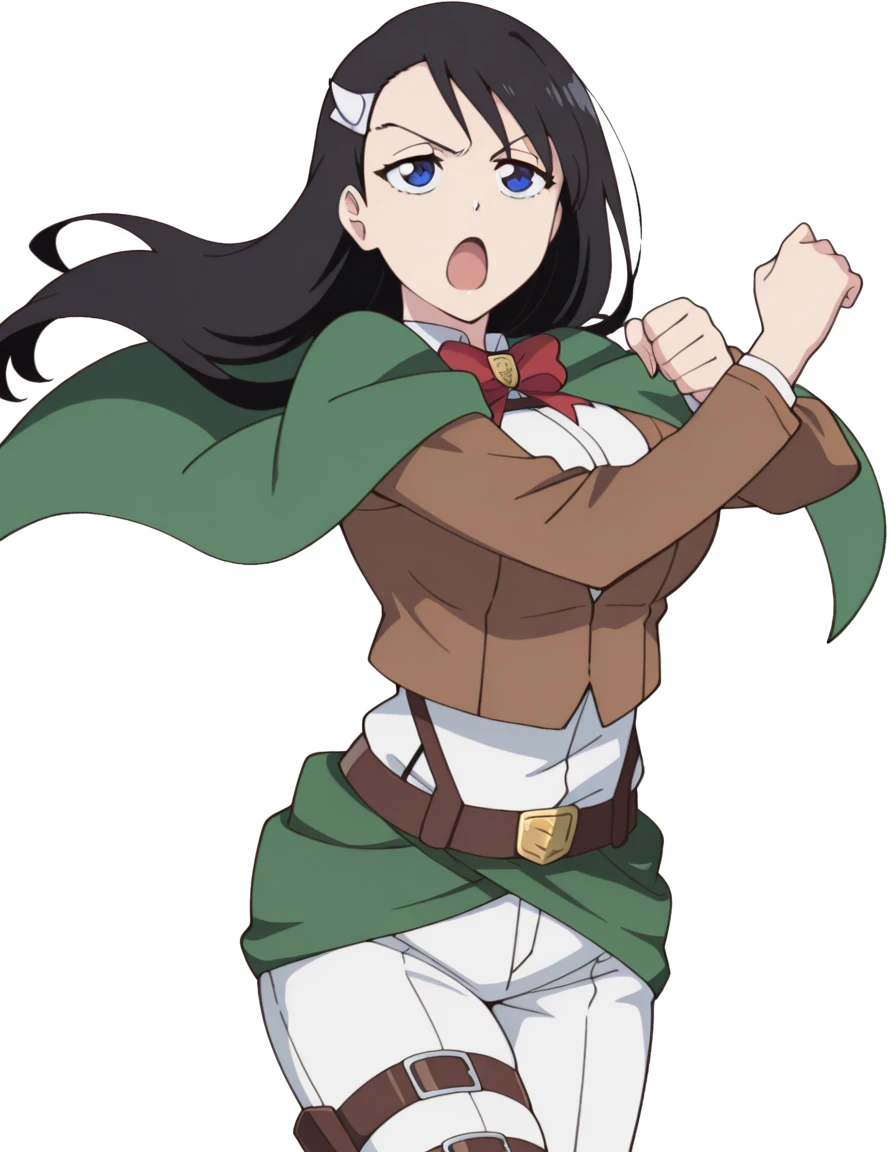 masterpiece, best quality, amazing quality,, <lora:noel-niihashi-ova-illustriousxl-lora-nochekaiser:1>, noel niihashi, niihashi noel, long hair, blue eyes, black hair, hair ornament, hairclip, mature female, breasts, anime screencap, <lora:paradis-military-uniform-illustriousxl-lora-nochekaiser:1>, paradis military uniform, belt, cloack, cropped jacket, emblem, green cloak, jacket, long sleeves, pants, shirt, thigh strap, uniform, white pants, white shirt, brown jacket,, <lora:dynamic-pose-illustriousxl-lora-nochekaiser:1>, dynamic pose, fighting stance, cowboy shot, slit_pupils, open mouth, <lora:transparent-background-illustriousxl-lora-nochekaiser:1>, transparent background, simple background, white background, ,