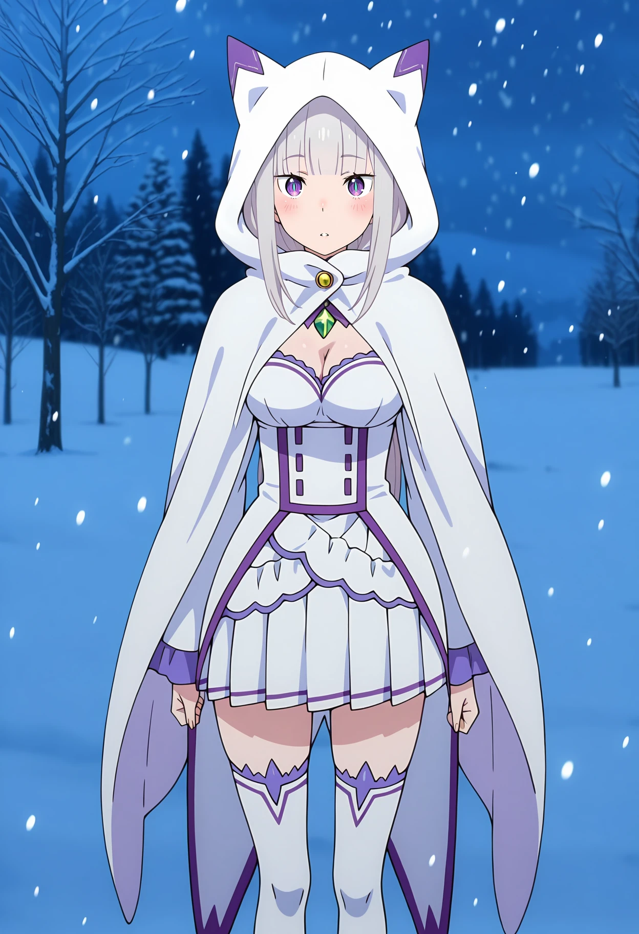 anime screencap, masterpiece, best quality,
<lora:ReZero_Emilia_IlluXL:0.9>,
1girl, solo, parted lips, blush,
blunt bangs, long hair, grey hair, purple eyes, slit pupils, blue pupils,
hooded cloak, cat hood, hood up, green gemstone, cleavage, medium breasts, white dress, purple trim, corset,
miniskirt, pleated skirt, white skirt, white thighhighs,
arms at sides, standing, blue theme, floating clothes,
outdoors, night, snowing, blizzard, tree, scenery, snowscape, snow, winter, photo background, blurry background