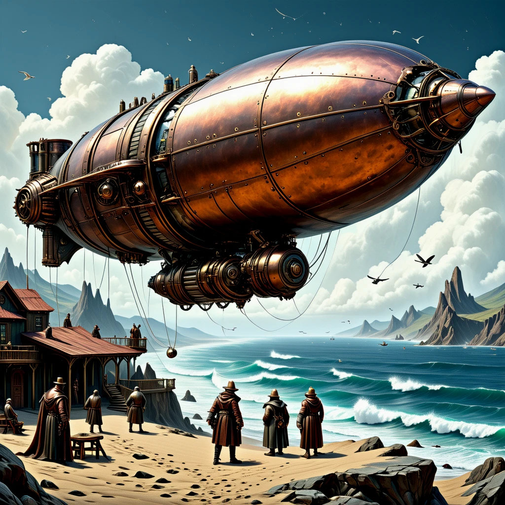 Metal steampunk airship.
Scifi world. People on the shore, looking up.
stmpnkCE_style