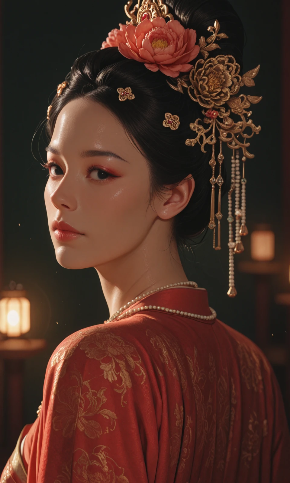 Top photography works, masterpiece, best quality, newest, absurdres, highres,
(1girl/gsfh, hwf, solo, hair ornament, jewelry, necklace, realistic, black hair, portrait, lips, red hanfu, wedding, makeup, updo, full chest, Focus on the face, Focus on the eyes, very detail face, very beautiful face, very clear face, very clear eyes, perfect black eyes),
from behind looking back,
masterpiece, best quality, amazing quality, very aesthetic, absurdres, newest, haute couture,
minimalistic composition, (dark green background details/Peony pattern, Peony), floating hair,
light from one side, dark shadow,
masterwork, masterpiece, best quality, dynamic lighting, detailed, depth of field, dynamic lighting,
