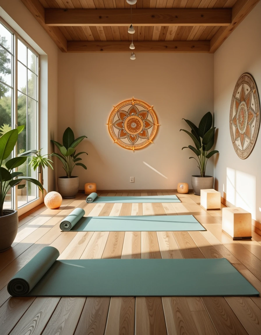 A serene and minimalist yoga studio, filled with natural light streaming through large floor-to-ceiling windows. The space features wooden floors, potted green plants in the corners, and soft neutral tones on the walls. Rolled yoga mats, meditation cushions, and neatly stacked blocks are arranged in an orderly fashion. A few Himalayan salt lamps emit a warm glow, adding to the calming atmosphere. The studio is empty and quiet, radiating peaceful energy, with a large mandala mural painted on one wall and gentle sunlight casting soft shadows across the room.yoga stud10, <lora:yoga_stud10-i:1>, Masterpiece,best quality,hi res,8k,hi res,8k,award winning,(sharp focus, intricate, highly detailed),