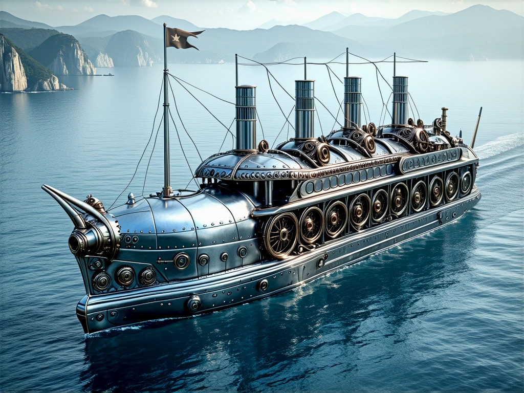 A silver metal steampunk ocean liner. Sailing along the coast.
stmpnkCE_style