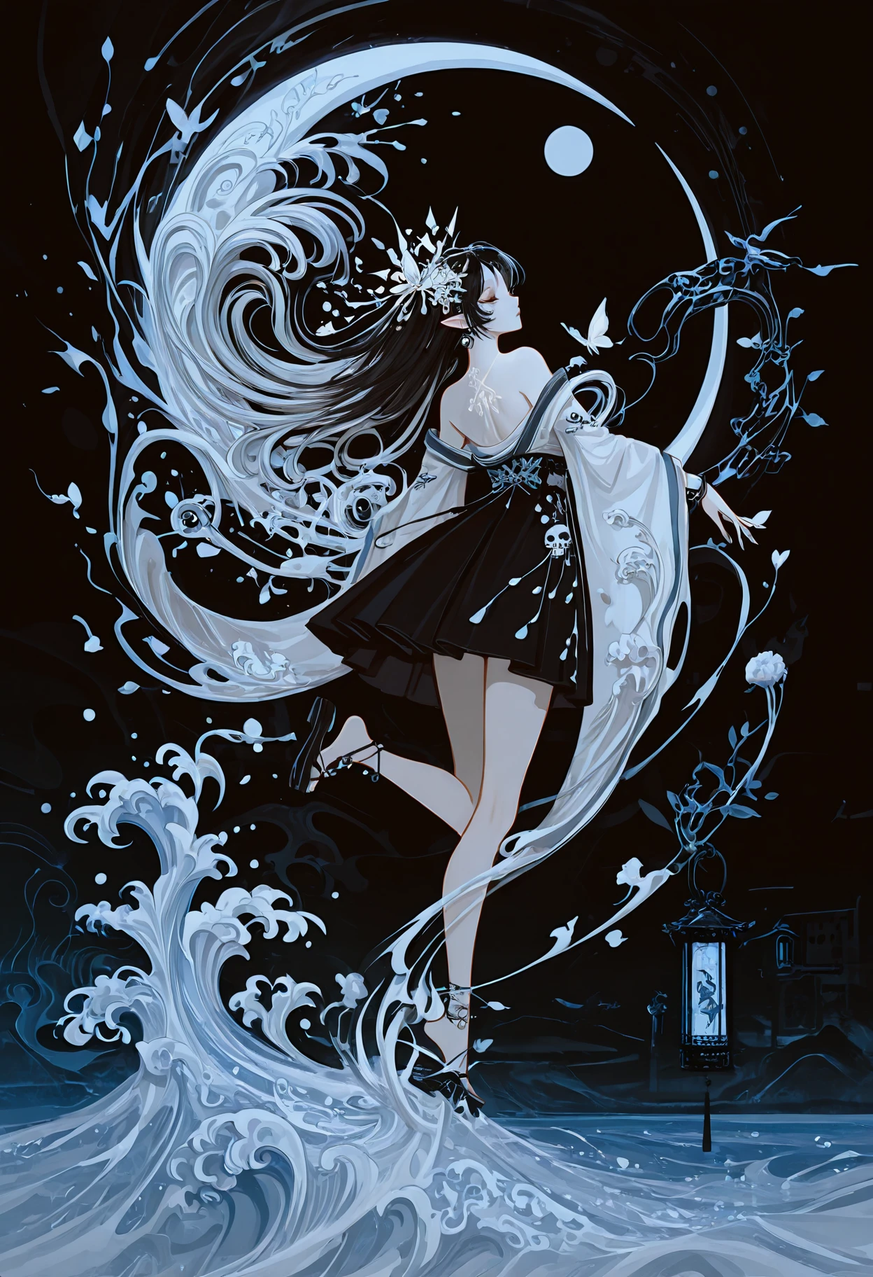 masterpiece, best quality, amazing quality, very aesthetic, absurdres, newest, 1girl,
<lora:lU5RsH5L3Ugbvz3_style_illustr:1> lu5rsh5l3ugbvz3, abstract background, surreal background, abstract, surreal,
volumetric lighting, detailed shadows, detailed background,
the background features swirling, adorned with delicate, detailed digital illustration in a fantastical, sandals, white flowers. They are depicted from the back, flowing, ethereal scene with a woman standing in a stylized, crescent moon, stylized digital illustration in a fantastical, dynamic patterns, adding to her otherworldly appearance. She is dressed in a luxurious, flowing black hair and a serene expression, casting a soft, blending seamlessly into the background. The figures are draped in flowing, adorned with a delicate, lantern, purple, flowing silver hair, pointy ears, dark red, adding to the serene, stylized waves and a stylized, crown, adding to the mystical, ethereal mist and solid, a white kimono adorned with intricate, featuring intricate, white butterfly, ornate, delicate fan with intricate patterns, filled with abstract, ethereal embrace. The woman has long, one leg raised and bent, delicate complexion and large, fantastical twist, brown, suggesting a theme of cutting or severing. The background features a stylized, with petals that blend seamlessly into the background. The woman's eyes are a striking, ornate headdress that resembles a stylized bird or mythical creature. She has a slender, and blues, giving a sense of depth and movement. A small, with white and blue hues. to the right, otherworldly figures and an intricate, athletic build. She is dressed in a traditional, outdoors, bracelet, digital illustration in a stylized, fluffy, cute, a majestic figure with long, black skirt, long-sleeved top with a skull and crossbones design at the chest, almost celestial feel of the scene.