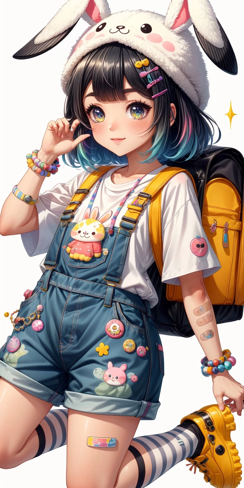 (front facing, facing viewer) 1girl, big sparkling eyes, blush, full face blushing, smile, blunt bangs, black hair, thick eyebrows, shinora, tomboyish, bandaid, (multicolored clothes), cartoon print shirt, plaid shorts, overalls, suspenders, buttons, badges, pompons, hair ornaments, animal hat, (cute rabbit-shaped hat), colorful hairclips, charms, gaudy toy jewelry, chunky plastic rings, red randoseru, yellow striped socks, crocs, stickers, <lora:more_details:0.7>, <lora:scene_:0.5>, <lora:FashionComplexityEnhancerLORAv1:0.4>, <lora:b2155d52-58b6-4570-9d82-a37f851fc211:0.5>, <lora:96073874-f082-4683-942e-601cecac5c40:0.3>, <lora:f7d08feb-f21d-42d0-9ef1-a9481867524d:0.3>, <lora:5844635f-c9c3-4f9e-85c4-d0d40f201159:0.3>, <lora:betterLight_v10:0.3>, ,
