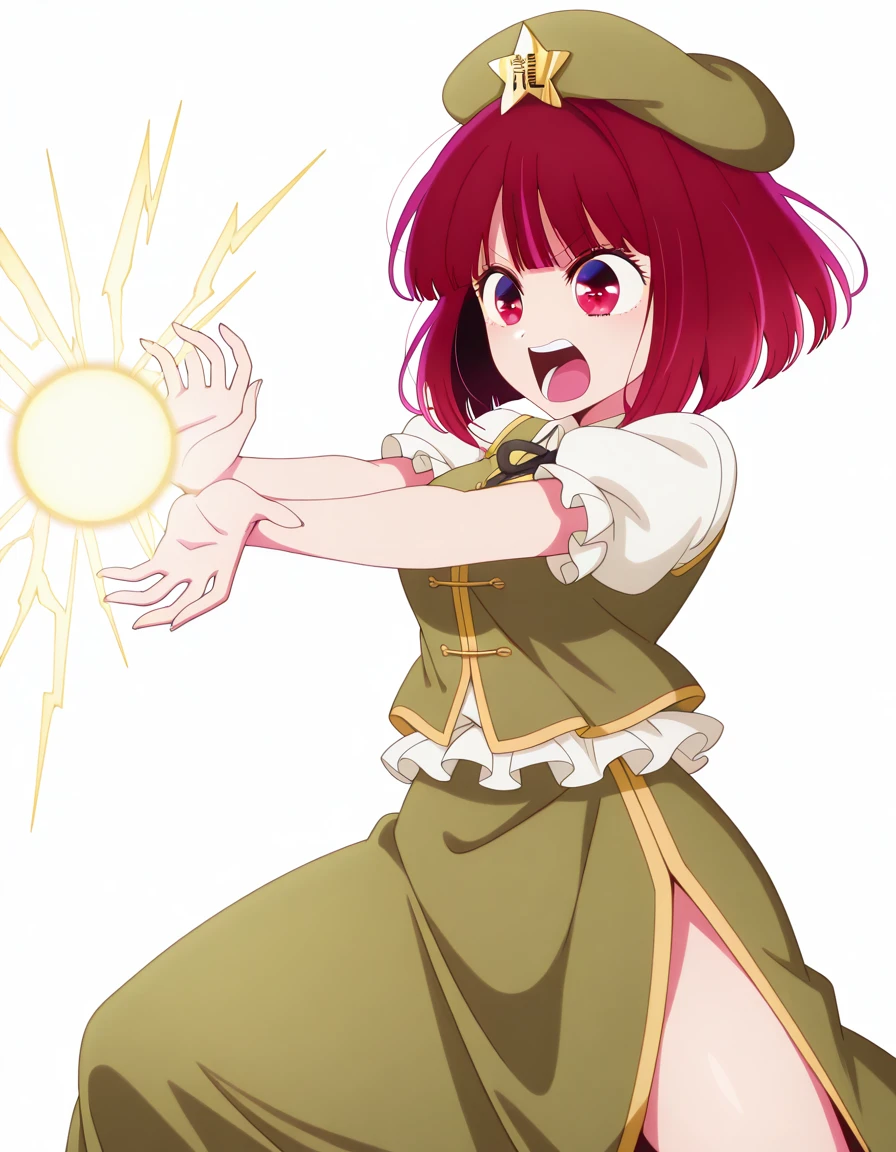 masterpiece, best quality, amazing quality,, <lora:kana-arima-s1-illustriousxl-lora-nochekaiser:1>, kana arima, short hair, bangs, red eyes, red hair, bob cut, mature female, medium breasts, anime screencap,, <lora:hong-meiling-cosplay-illustriousxl-lora-nochekaiser:1>, hong meiling cosplay, hong meiling (cosplay), beret, black bow, black bowtie, black ribbon, bow, bowtie, collared shirt, frilled sleeves, frills, green hat, green skirt, green vest, hat, hat ornament, long skirt, neck ribbon, puffy short sleeves, puffy sleeves, short sleeves, side slit, skirt, star hat ornament, vest, white shirt,, <lora:kamehameha-illustriousxl-lora-nochekaiser:1>, kamehameha, kamehameha (dragon ball), open mouth, incoming attack, torn clothes, shouting, energy, energy beam, energy ball, from side, electricity,, heart_shaped_pupils, , <lora:transparent-background-illustriousxl-lora-nochekaiser:1>, transparent background, simple background, white background, ,