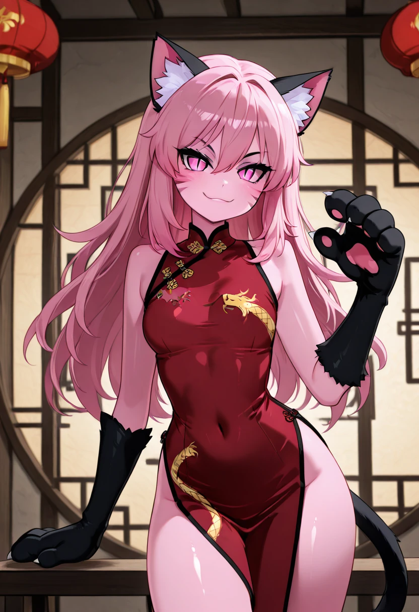 masterpiece, best quality, solo, curvy, beautiful eyes, narrow waist, wide hips, zzPinkit, pink eyes, long hair, pink hair, pink skin, colored skin, animal hands, hair between eyes, cat ears, animal ear fluff, cat girl, slit pupils, animal ears, whisker markings, black gloves, china dress, bare shoulders, tail, sleeveless, , <lora:PinkitCitronOC_IXL_v1:1.0>, , smile, looking at viewer, cowboy shot, leaning forward, smug, <<lora:MantisIXL_v2:0.8>,