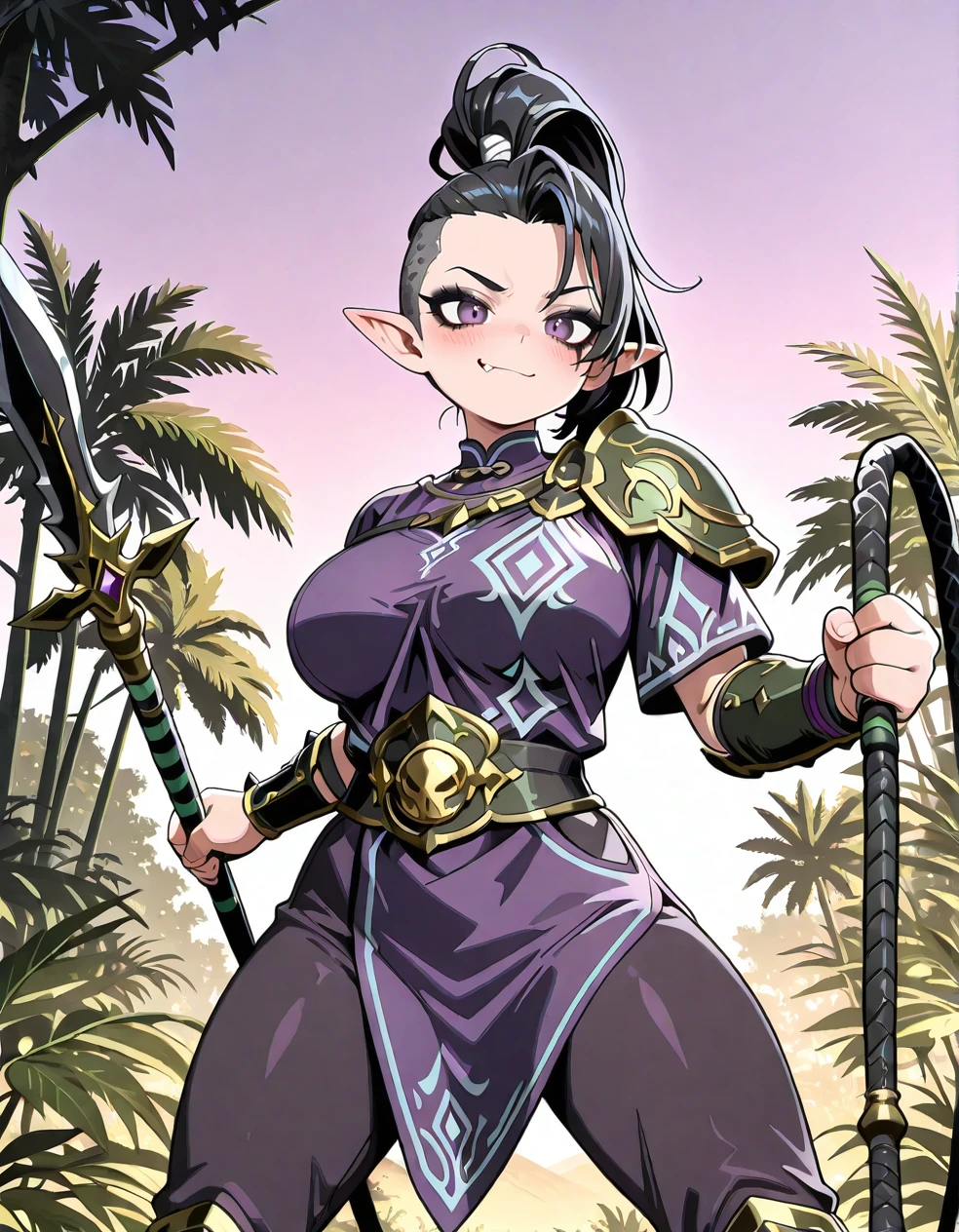 (2D, highres, hi res, anime coloring, anime screencap, flat colors, clean lineart, ultra-detailed, curvy, large_breasts, 1 girl,pale purple sky,jungle,tropical rain forest), TRexStyle, High Beastmaster, purple eyes,black hair, sharp eyelashes, (pointy_ears:1.2),single shoulder green scale armor,topknot,shaved sides, mohawk style, tied-up hair, high ponytail, undercut,fierce expression, round face,soft features,big round eyes,out fang,smirk,blush,purple tunic,serpentine arm guard,ornate right arm armor, clean sides, no loose hair, no stray hair, tightly tied hair,colorful details, high contrast, vivid colors,cute expression, soft cheeks,younger, youthful appearance,pants,black eyeshadow,bold eyeliner,smokey eye makeup,dark smokey eyes,boots,holding polearm,right hand holding a polearm, left hand holding a whip, dynamic battle-ready pose, legs apart in a stable stance,slightly twisted for action, <lora:High_Beastmaster-000005:1>, <lora:ATRex_style:0.7>, <lora:Ghelber:0.4>, <lora:Body Type Slider - Illustrious_alpha1.0_rank4_noxattn_last:-1>