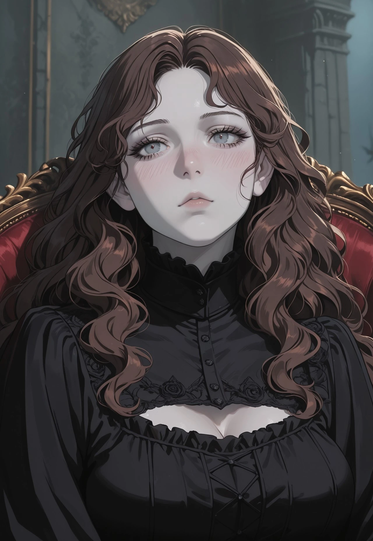 mcht2, mature female, 1girl, pale skin, blush, very long wavy hair, brown hair, grey eyes, vampire, victorian, frilled dress, black dress, high collar, cleavage cutout, sitting, portrait, masterpiece, best quality, amazing quality, best resolution, incredibly absurdres, 4k, latest