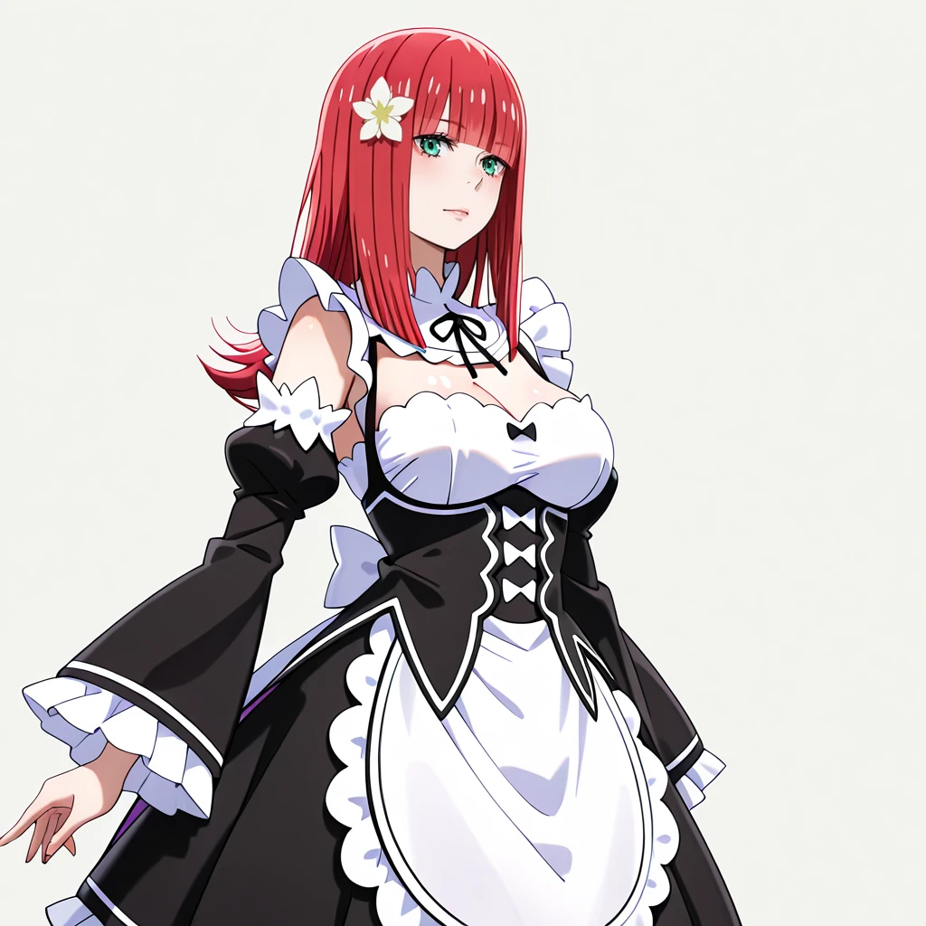 <lora:DevolaPopolaNierAnime_illustrious_v1:.8> Popola, 1girl, red hair, hair ornament, long hair, hair flower, green eyes, bangs, cowboy shot <lora:rezero-rem-cosplay-illustriousxl-lora-nochekaiser:1> rezero rem cosplay, rem (re:zero) (cosplay), roswaal mansion maid uniform, cosplay, maid, enmaided, underbust, detached sleeves,