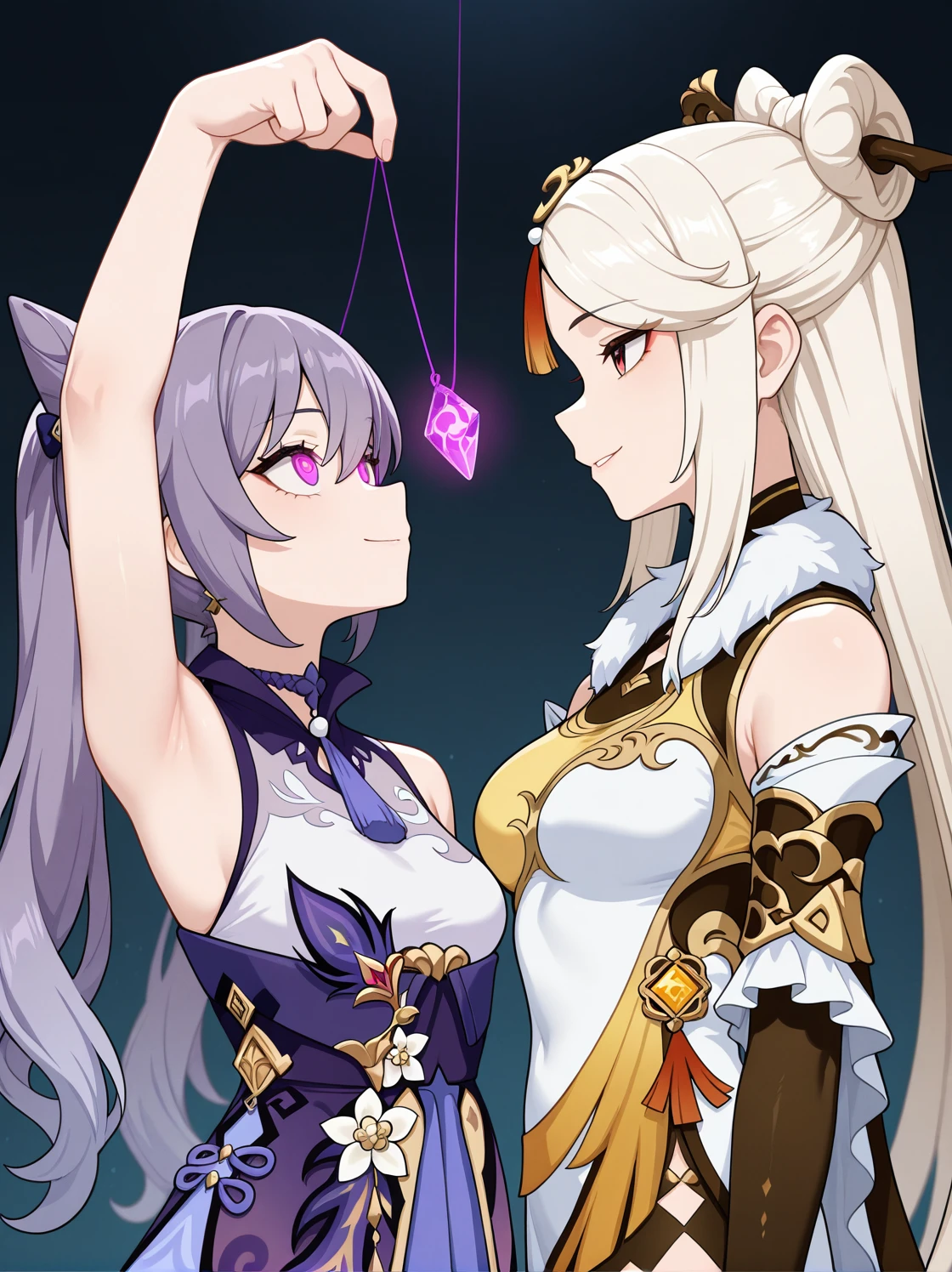masterpiece, best quality, amazing quality, very aesthetic, absurdres, newest, , 2girls, standing, ningguang \(genshin impact\), keqing \(genshin impact\), upper body, smile, small breasts, holding, mind control, gem, eye contact,
<lora:Crystal_on_string_v2_il:0.6:hr=0.3> crystal on string, arm up, standing from behind, looking up,