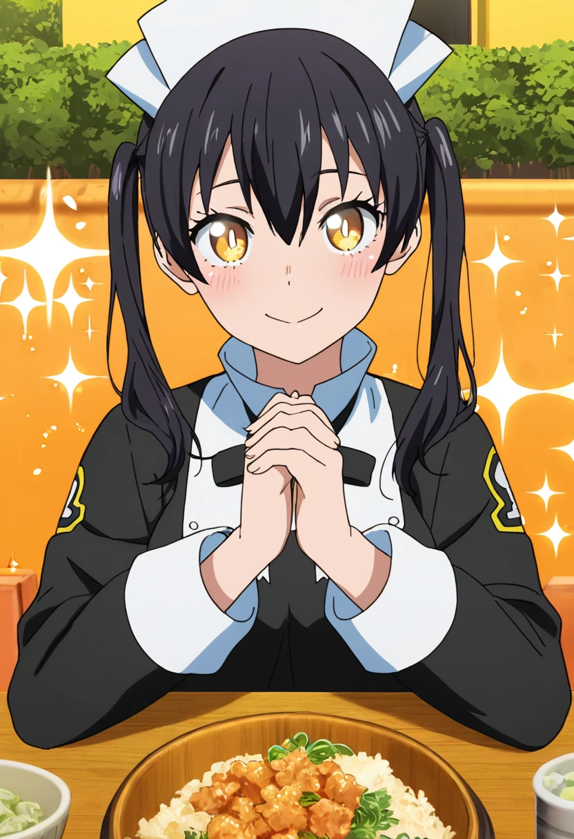masterpiece, best quality, good quality, very awa, newest, highres, absurdres,outdoors,TamakiKotatsu-FireForce,
Tamaki Kotatsu \(Fire Force\), 1girl, solo, long hair, looking at viewer, blush, smile, bangs, black hair, long sleeves, hat, ribbon, hair between eyes, twintails, closed mouth, yellow eyes, upper body, black dress, black ribbon, own hands together, yellow background, bright pupils, orange background, own hands clasped, straight-on, sparkle background, nun outfit
,<lora:Tamaki Kotatsu (Fire Force) Illustrious v2:0.8>