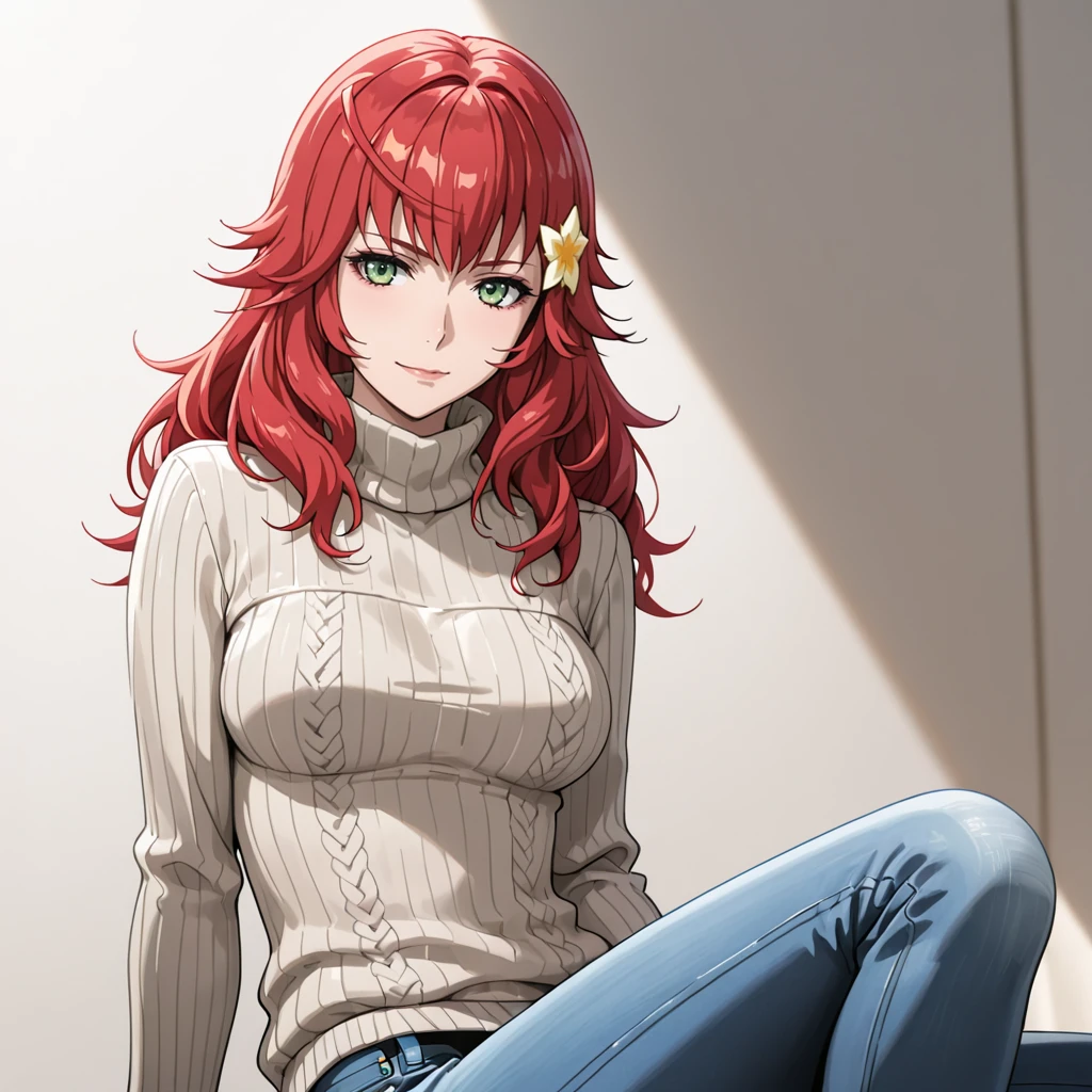 <lora:DevolaPopolaNierAnime_illustrious_v1:.7>Devola, 1girl, red hair, star hair ornament, hair flower, medium breasts, green eyes, long hair, sweater, jeans