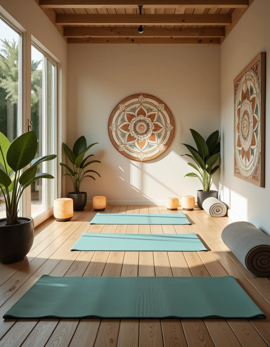 A serene and minimalist yoga studio, filled with natural light streaming through large floor-to-ceiling windows. The space features wooden floors, potted green plants in the corners, and soft neutral tones on the walls. Rolled yoga mats, meditation cushions, and neatly stacked blocks are arranged in an orderly fashion. A few Himalayan salt lamps emit a warm glow, adding to the calming atmosphere. The studio is empty and quiet, radiating peaceful energy, with a large mandala mural painted on one wall and gentle sunlight casting soft shadows across the room.yoga stud10, <lora:yoga_stud10-i:1>, Masterpiece,best quality,hi res,8k,hi res,8k,award winning,(sharp focus, intricate, highly detailed),
