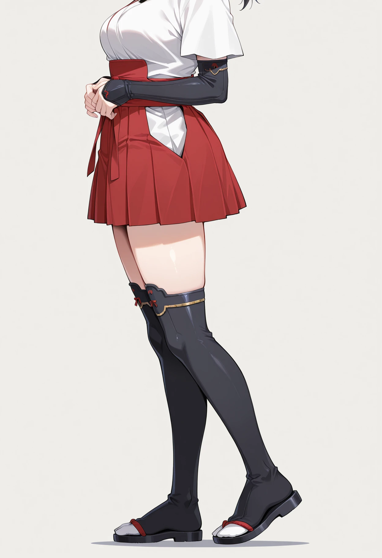 masterpiece, Highest quality, High resolution, , Red Hair, Red Bow, Striped blue scarf, blazer, Gold Button,(Shocked face),Red ugly jacket, Long sleeve, Big Breasts,Disdainful Eyes,Black Skirt, Black tights, Sexy thighs,Brown boots,Arms crossed,