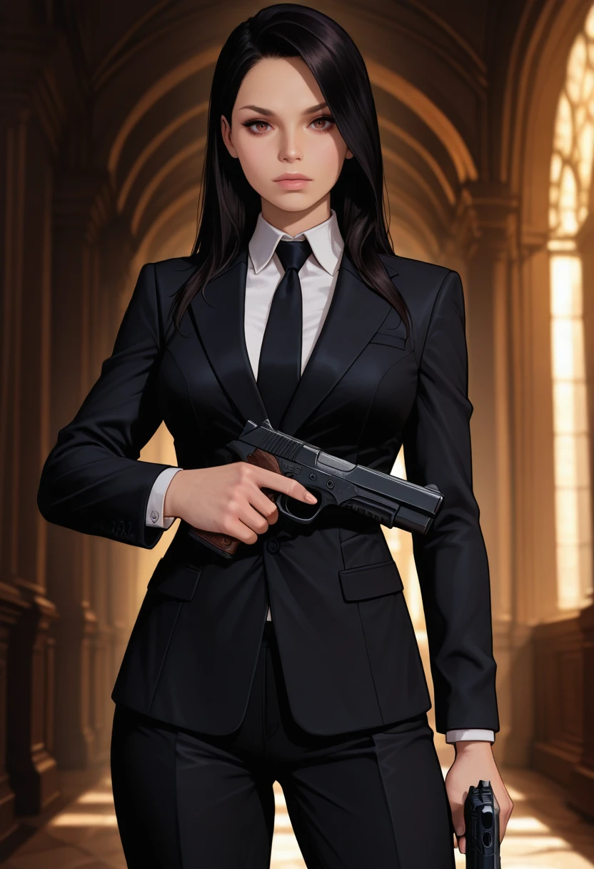 masterpiece, very aesthetic, best quality, absurdres, newest, solo,
<lora:ILMEAshley:1>
MEAshley, 1girl, long hair, black hair, brown eyes, looking at viewer, holding gun, holding weapon, black necktie, black suit, formal, handgun, black pants, white shirt, trigger discipline, black jacket, long sleeves, collared shirt, finger on trigger