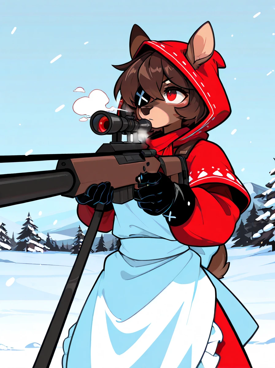 digital media \(artwork\), (masterpiece, high quality, best quality, 8k uhd, absurd res, very aesthetic, newest),solo, <lora:AppleSuizilla-Illustrious:1> anthro, deer, female, eyepatch, red eye, brown hair, short hair, brown body, red clothes, hood, white apron, hooves, sniper rifle, aiming weapon, breath, snow, black gloves,