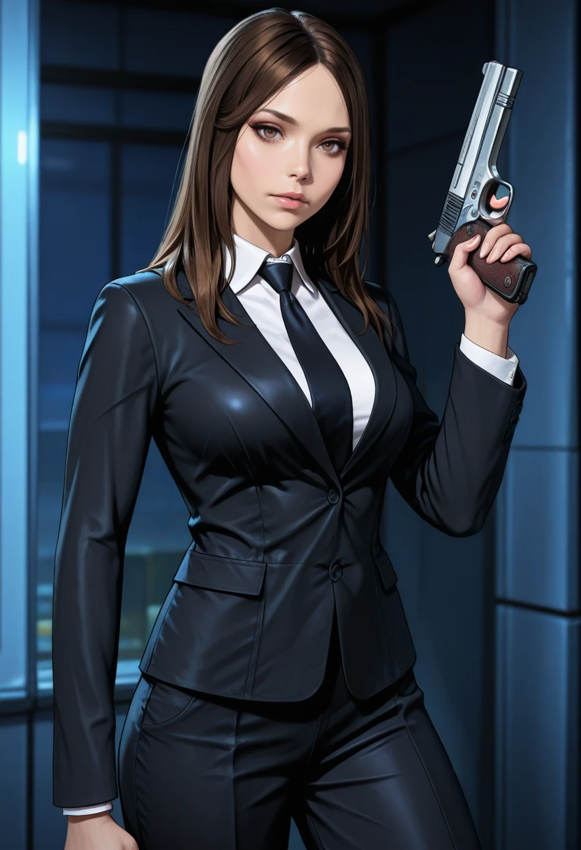 masterpiece, very aesthetic, best quality, absurdres, newest, solo,
<lora:ILMEDiana:1>
MEDiana, 1girl, brown hair, brown eyes, long hair, looking at viewer, holding gun, holding weapon, black necktie, black suit, formal, handgun, black pants, white shirt, trigger discipline, black jacket, long sleeves, collared shirt, finger on trigger