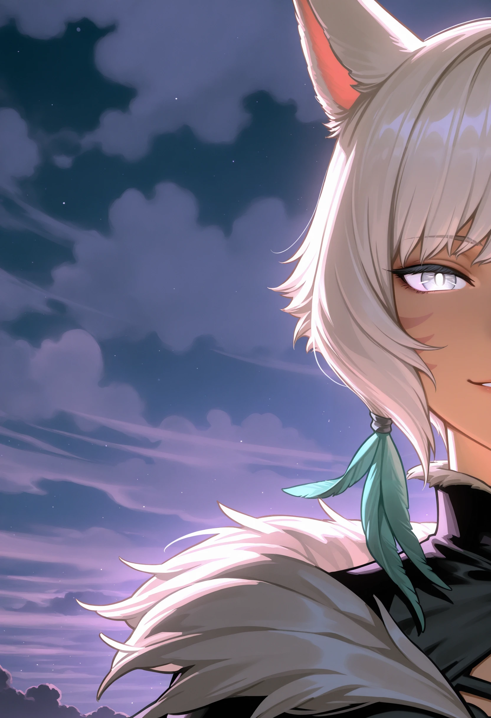 masterpiece,best quality,amazing quality,right-side,wide shot, y'shtola rhul, close up, smirk, (out of frame:1.1), split_crop, night, glowing eyes,straight-on,parted lips, grey eyes,white pupils, dress, fur trim, clouds, night sky, night,feathers, 1girl,miqo'te,
<lora:Right side (Illustrious) v1:1.2>