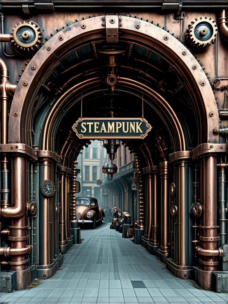 Steampunk building. Archway. A building sign: "STEAMPUNK".
stmpnkCE_style