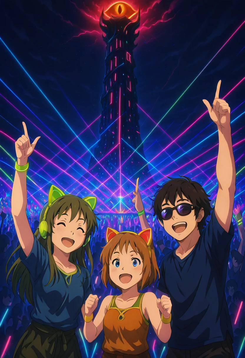 masterpiece, best quality, L0rd0fTh3R4v3s, long hair, smile, short hair, open mouth, blue eyes, multiple girls, brown hair, shirt, 2girls, animal ears, jewelry, collarbone, closed eyes, short sleeves, :d, outdoors, green hair, multiple boys, cat ears, 3girls, arm up, bracelet, night, fake animal ears, ^ ^, headphones, sunglasses, tank top, blue shirt, pointing, t-shirt, building, wristband, night sky, index finger raised, tinted eyewear, tower, crowd, pointing up ,<lora:SauronsRaveTower_IXL_v1:1.0>,