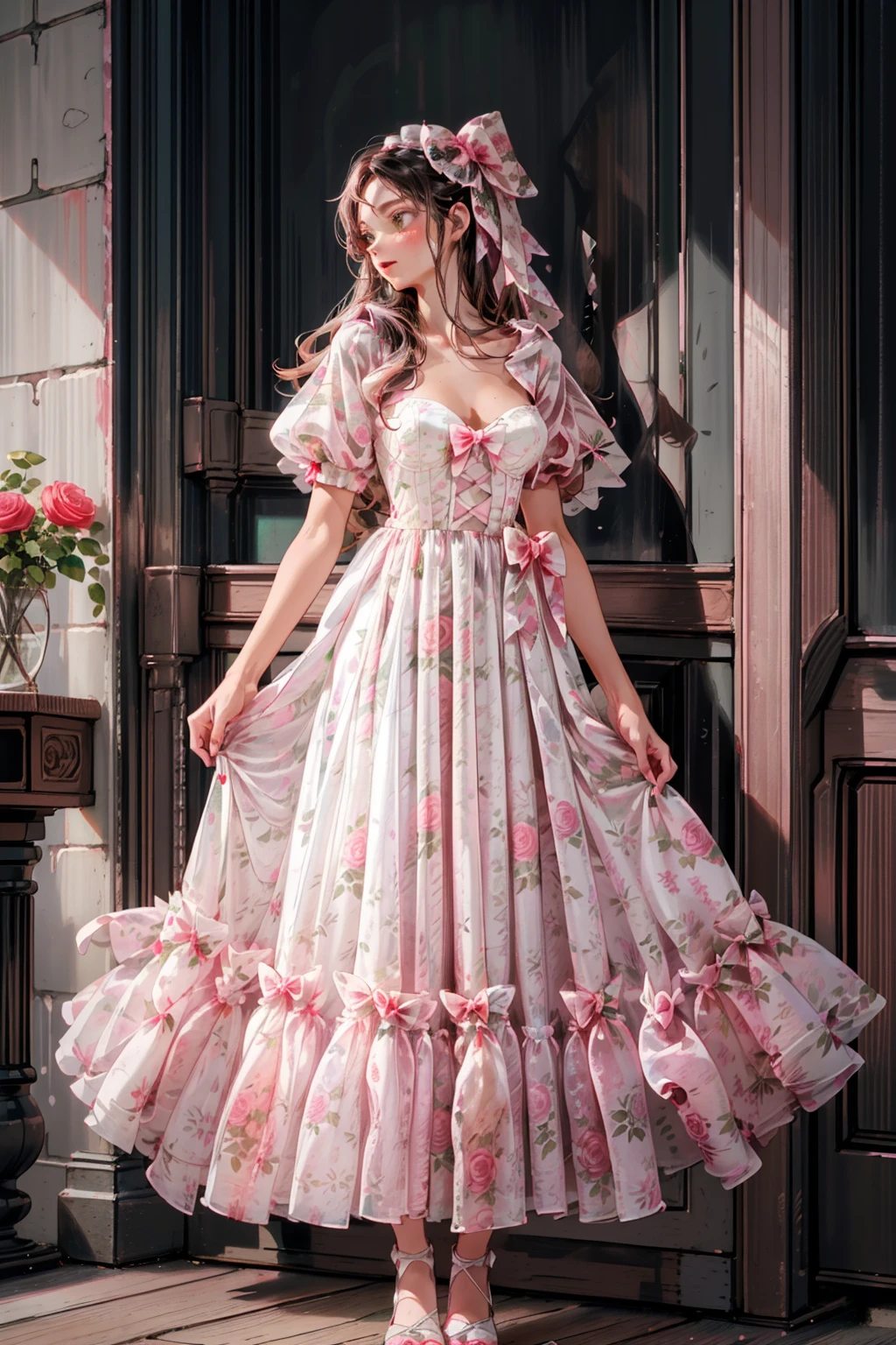 1girl,romanticreverie,warm white dusty pink and green sheer rose print gown,floral print,rose print,dusty pink (rose print on sheer gown),sweetheart neckline,rose print (sheer puffy short sleeves),warm white and dusty pink long attached rose print gown_skirt,bows,white bows,sheer bows,rose print bows