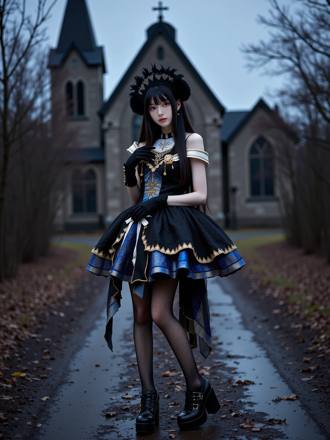 A realistic photo of a beautiful young woman in cyb dress. She is also wearing elbow gloves and black pantyhose and high heeled platform footwear. She has long black straight hair with feather crown. The background is dark gothic church and dry branches and fallen leaves and muddy road at dusk with misk, gothic scene. The photo is a full body shot with her entire body visible and with detailed background.