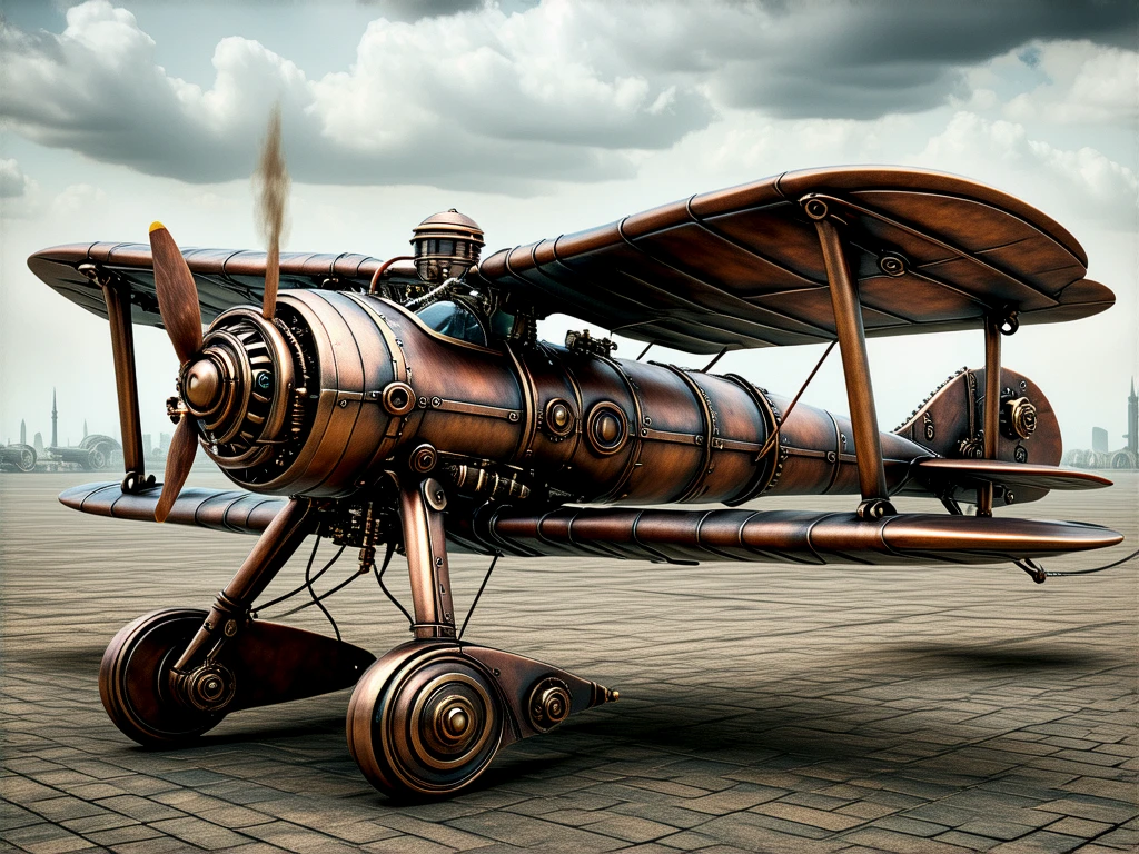 A vintage steampunk biplane.

stmpnkCE_style
