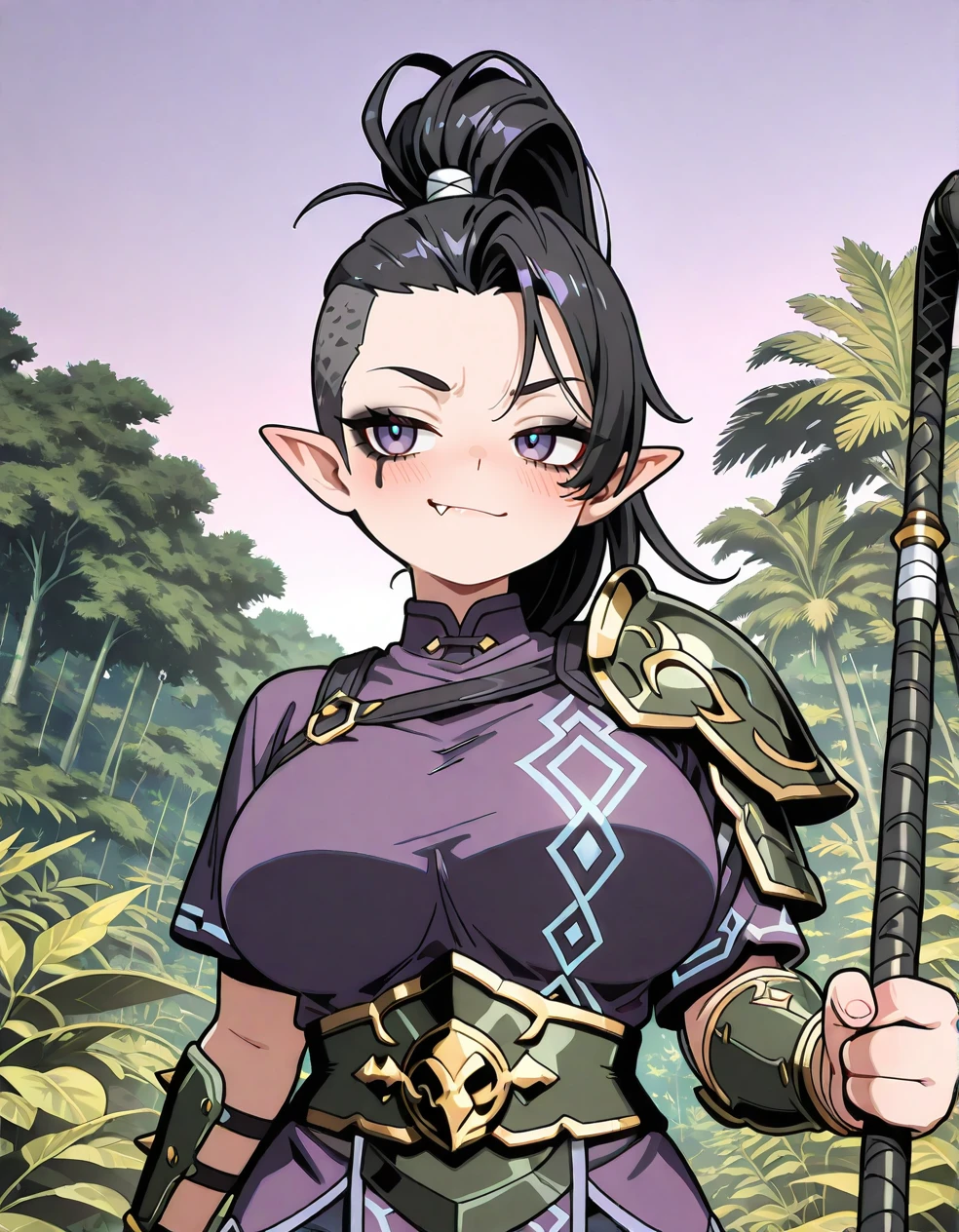 (2D, highres, hi res, anime coloring, anime screencap, flat colors, clean lineart, ultra-detailed, curvy, large_breasts, 1 girl,pale purple sky,jungle,tropical rain forest), TRexStyle, High Beastmaster, purple eyes,black hair, sharp eyelashes, (pointy_ears:1.2),single shoulder green scale armor,topknot,shaved sides, mohawk style, tied-up hair, high ponytail, undercut,fierce expression, round face,soft features,big round eyes,out fang,smirk,blush,purple tunic,serpentine arm guard,ornate right arm armor, clean sides, no loose hair, no stray hair, tightly tied hair,colorful details, high contrast, vivid colors,cute expression, soft cheeks,younger, youthful appearance,pants,black eyeshadow,bold eyeliner,smokey eye makeup,dark smokey eyes,boots,holding polearm,right hand holding a polearm, left hand holding a whip, dynamic battle-ready pose, legs apart in a stable stance, upper body slightly twisted for action, <lora:High_Beastmaster-000005:1>, <lora:ATRex_style:0.7>, <lora:Ghelber:0.4>, <lora:Body Type Slider - Illustrious_alpha1.0_rank4_noxattn_last:-1>