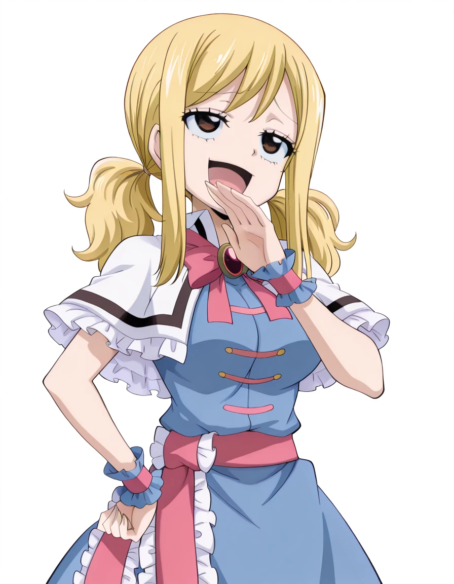 masterpiece, best quality, amazing quality,, <lora:lucy-heartfilia-s1s3s7-illustriousxl-lora-nochekaiser:1>, lucy heartfilia, twintails, low twintails, sidelocks, blonde hair, brown eyes, long hair, mature female, breasts, anime screencap, <lora:alice-margatroid-cosplay-illustriousxl-lora-nochekaiser:1>, alice margatroid cosplay, alice margatroid (cosplay), blue dress, bow, bowtie, red bowtie, brooch, capelet, dress, jewelry, red sash, sash, white capelet, wrist cuffs, frilled skirt, frills, frilled capelet, frilled sash, frilled ribbon,, <lora:ojou-sama-pose-illustriousxl-lora-nochekaiser:1>, ojou-sama pose, laughing, smug, hand to own mouth, open mouth, cowboy shot, ahegao, , <lora:transparent-background-illustriousxl-lora-nochekaiser:1>, transparent background, simple background, white background, ,