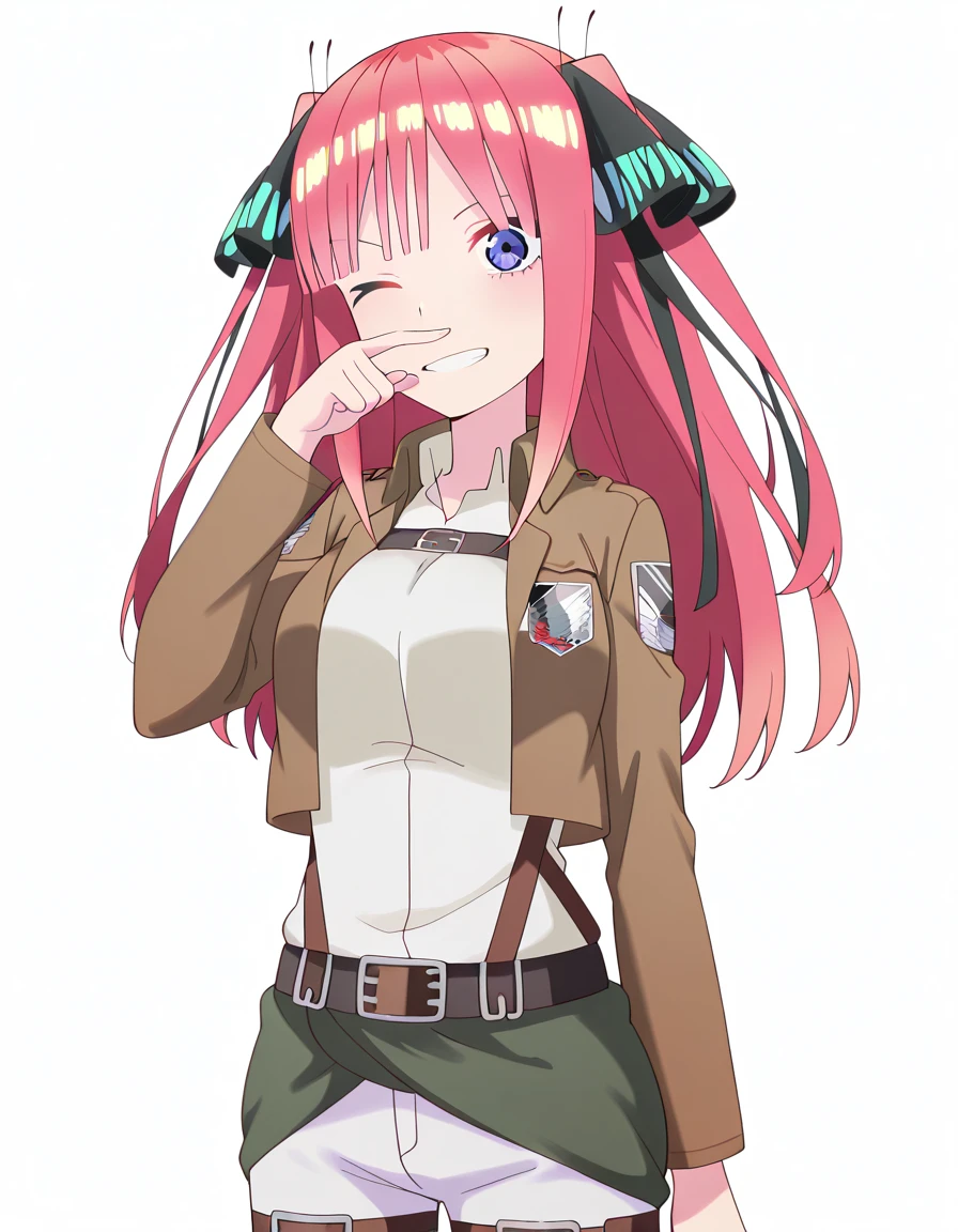 Very detailed background, masutepiece, Best Quality, 1girl in, Solo, ((masutepiece, Best Quality)),Best aesthetic, Zero Two (darling in the franxx), darling in the franxx, Bangs, Biting, blush, Covered navel, eyeshadows, Green eyes, hair behind head, put hands on the hip, Horns, Smile, Long hair, Looking at Viewer, makeup, medium breasts, pilotsuit, Red suit, Pink hair, Red eyeshadow, Science fiction, Skin Tight,