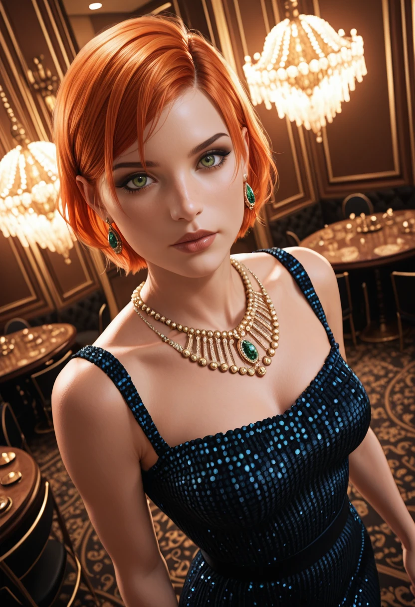 masterpiece, very aesthetic, best quality, absurdres, newest, solo,
<lora:ILMEFShepard:1>
MEFShepard, 1girl, orange hair, short hair, green eyes, looking at viewer, Dutch angle, beaded dress, earrings, elegant, makeup, fancy party room, indoor, golden details, dramatic light, high angle view