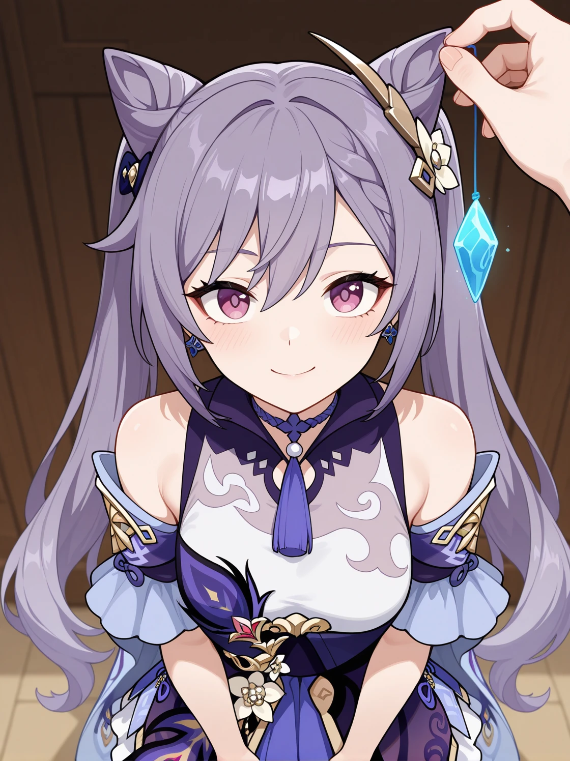 masterpiece, best quality, amazing quality, very aesthetic, absurdres, newest, , 1girl, standing, keqing \(genshin impact\), upper body, smile, small breasts, holding, gem, pov crystal holding, from above,
<lora:Crystal_on_string_v2_il:0.8:hr=0.3> crystal on string,