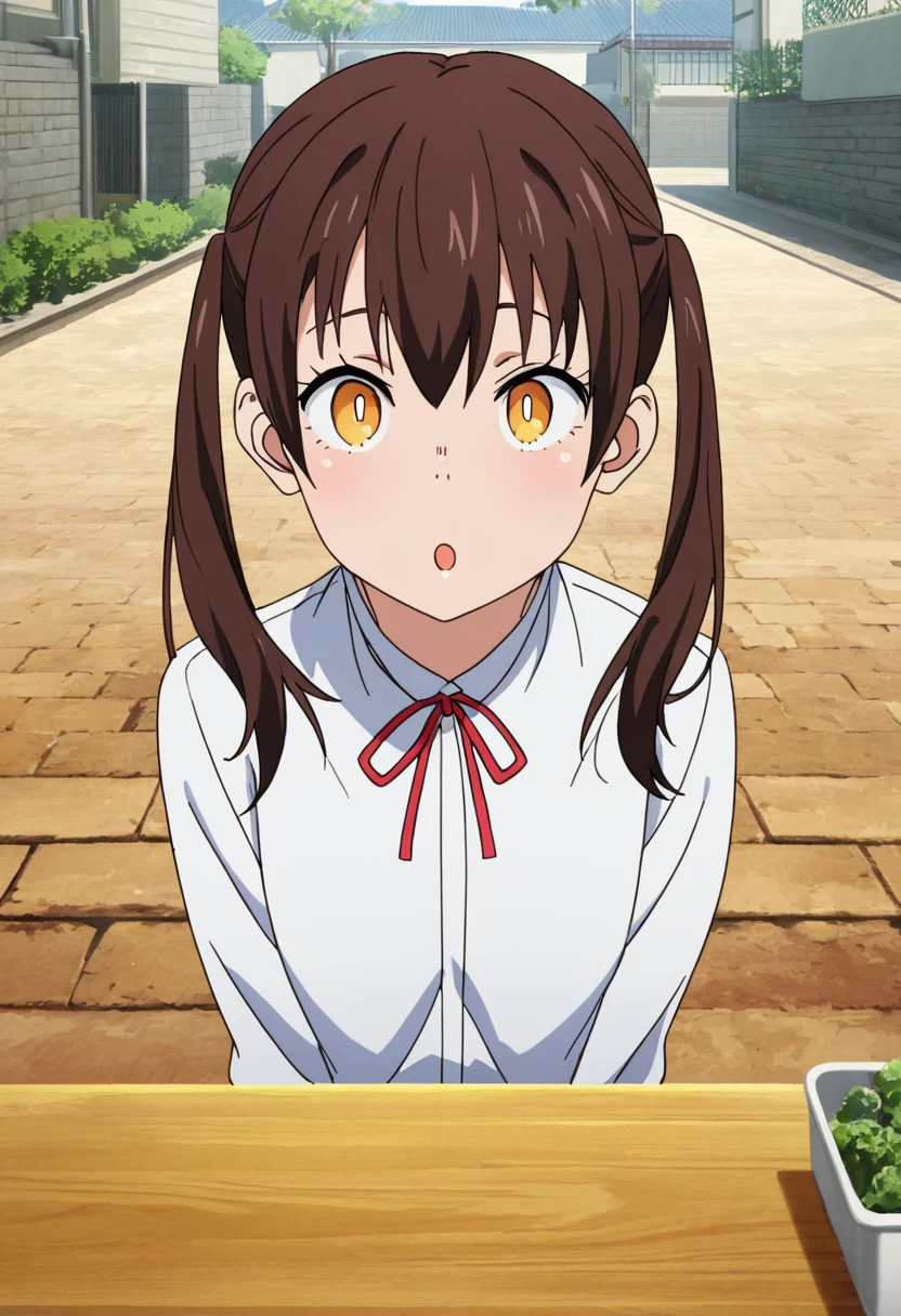 masterpiece, best quality, good quality, very awa, newest, highres, absurdres,outdoors,TamakiKotatsu-FireForce,
Tamaki Kotatsu \(Fire Force\), 1girl, solo, long hair, looking at viewer, open mouth, brown hair, shirt, ribbon, twintails, yellow eyes, :o, red ribbon, young female, standing, upper body
,<lora:Tamaki Kotatsu (Fire Force) Illustrious v3:0.8>
