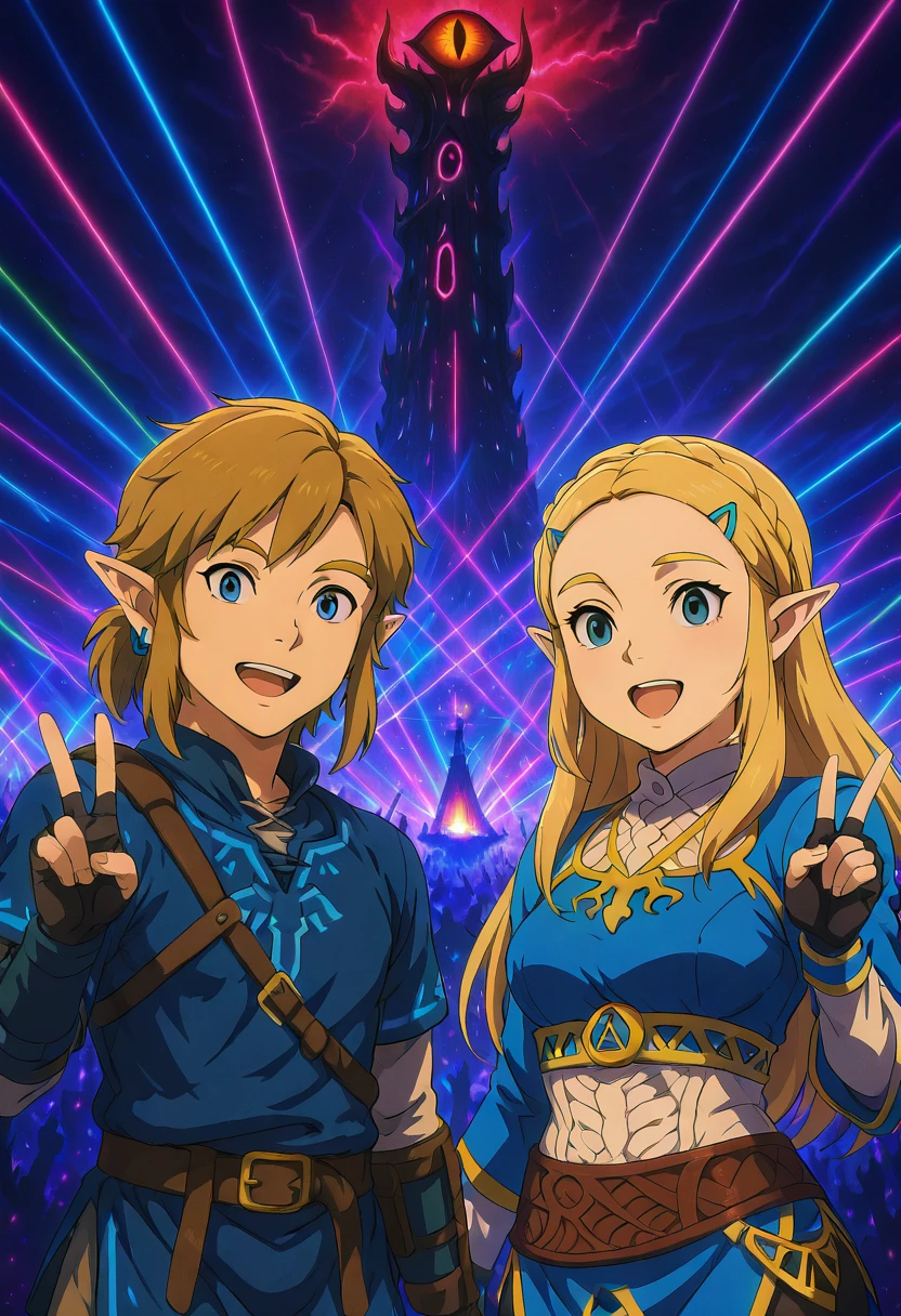 masterpiece, best quality, L0rd0fTh3R4v3s, 1boy, link, the legend of zelda, 1boy, pointy ears, blue eyes, blonde hair, earrings, blue shirt, medium breasts, (curvy), princess zelda, long hair, crown braid, hairclip, pointy ears, blue shirt, long sleeves, fingerless gloves, black gloves, (upper body), white shirt, smile, teeth, :D, v, ,<lora:SauronsRaveTower_IXL_v1:1.0>,