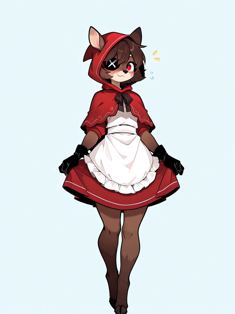 digital media \(artwork\), (masterpiece, high quality, best quality, 8k uhd, absurd res, very aesthetic, newest),solo, <lora:AppleSuizilla-Illustrious:1> anthro, deer, female, eyepatch, red eye, brown hair, short hair, brown body, little red riding hood, apron, white apron, red clothes, hood, hooves, black glove