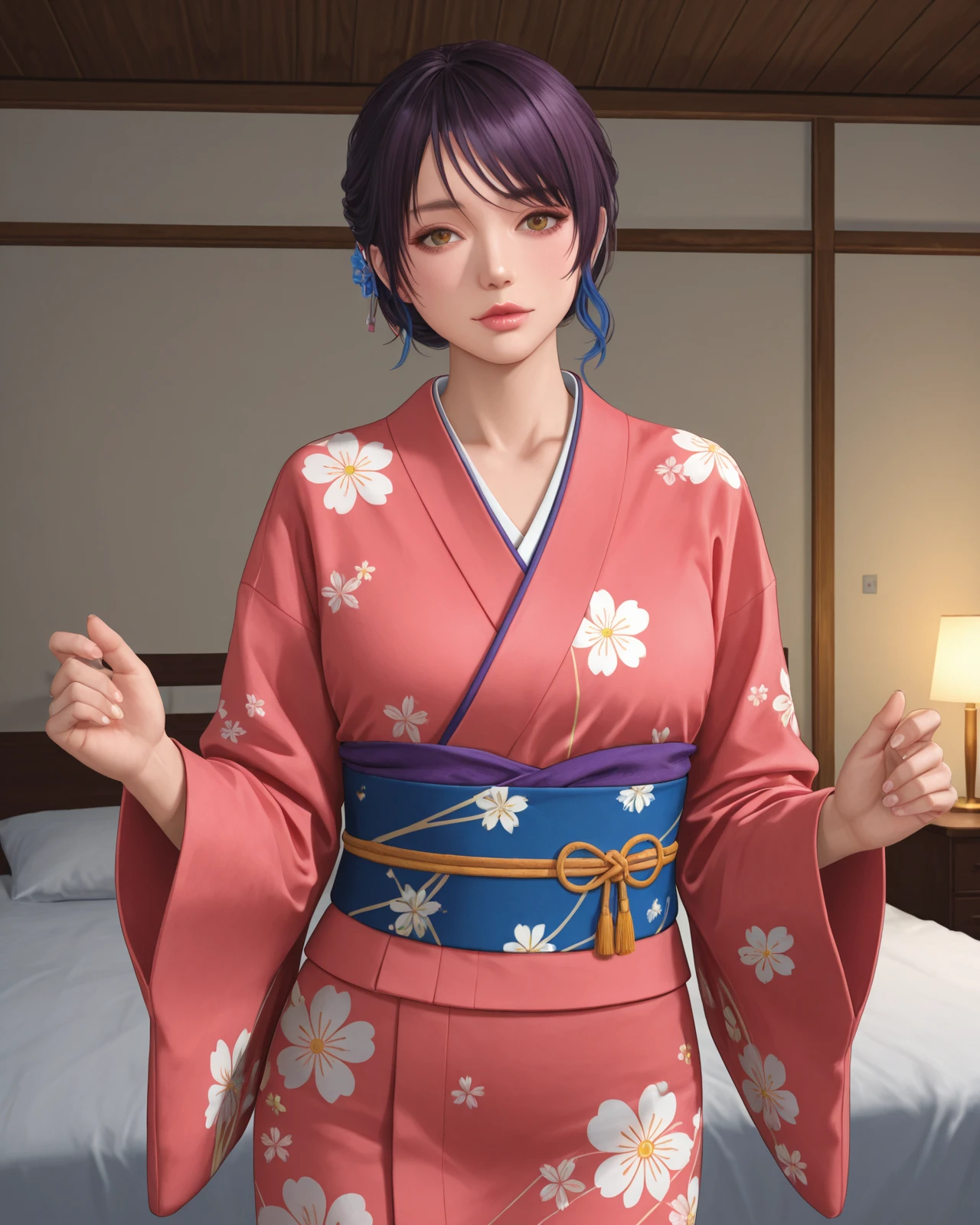 shandy \(doax vv\),lips,cowboy shot,kimono,bedroom,