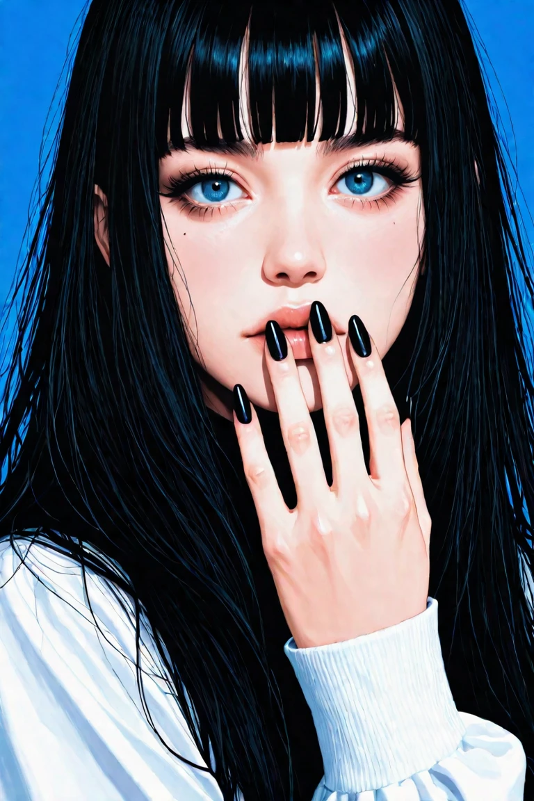 score_9, score_8_up, score_7_up, score_6_up, content_sfw, source_anime, high quality, high contrast, realistic, masterpiece, best quality, 1girl, solo, bangs, mole under eye, black nails, blunt bangs, mole, blue background, simple background, black hair, looking at viewer, eyelashes, fingernails, nail polish, covered mouth, portrait, long hair, long fingernails, long sleeves, hand up, close-up, sleeves past wrists, masterpiece, realistic, photo realistic, newest, high quality, highres, <lora:Midjourney_Illustration_IllustriousXL:0.6> 1LLUSMJ7