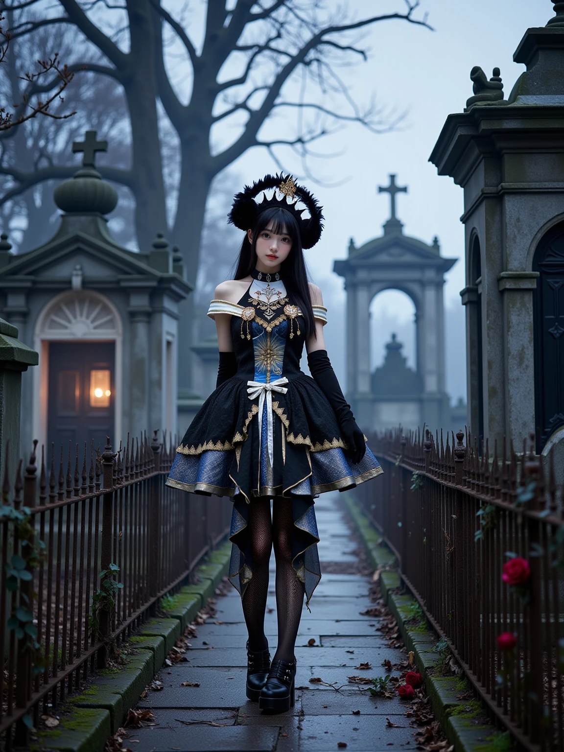 A realistic photo of a beautiful young woman in cyb dress. She is also wearing elbow gloves and black pantyhose and high heeled platform footwear. She has long black straight hair with feather crown. The background is A misty graveyard at midnight, where weathered tombstones lean at crooked angles under the pale moonlight. Withered roses and thorny vines crawl over rusted iron fences, and flickering candlelight glows from inside a crumbling mausoleum. The photo is a full body shot with her entire body visible and with detailed background.